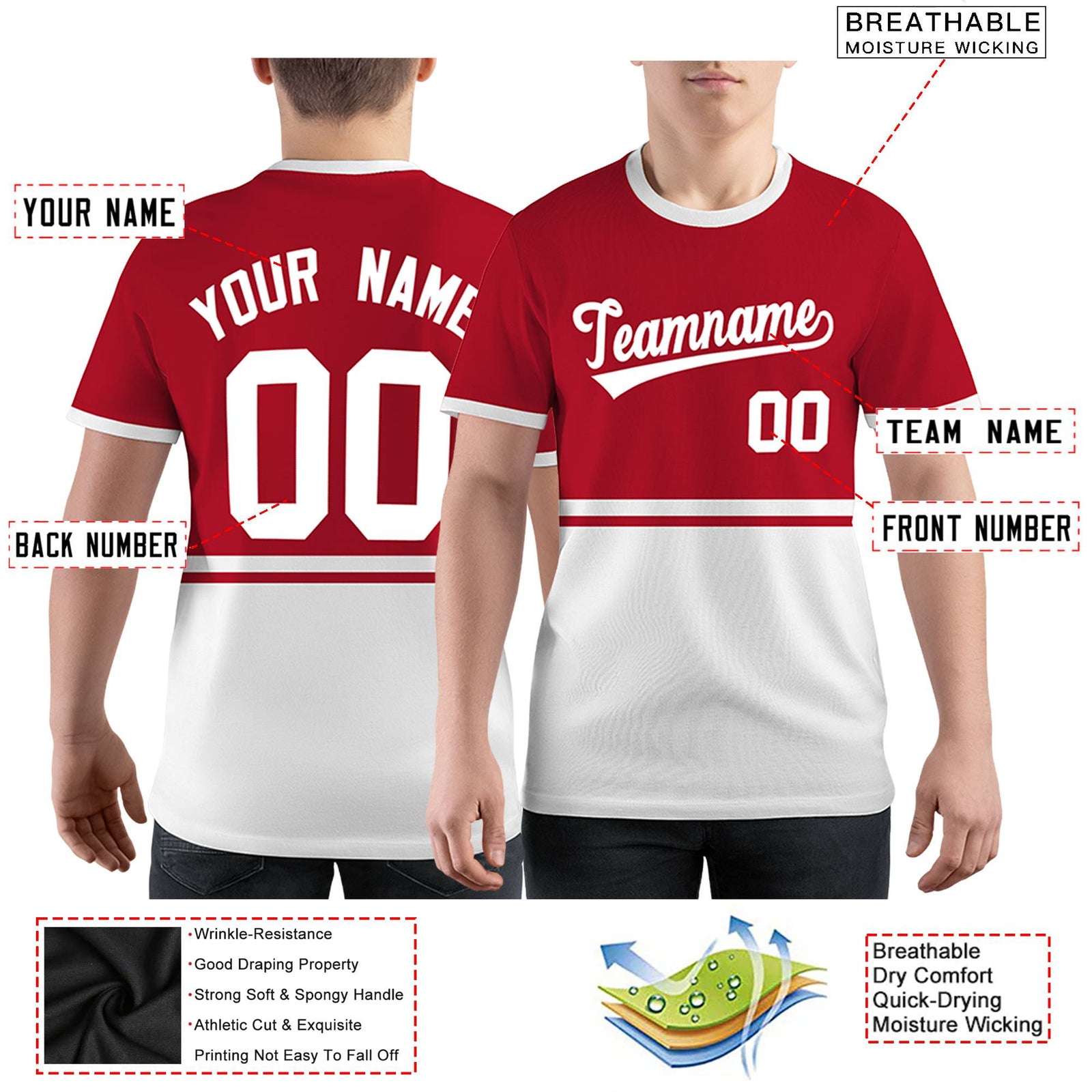 Custom Red White-White Color Block Design Performance T-Shirt