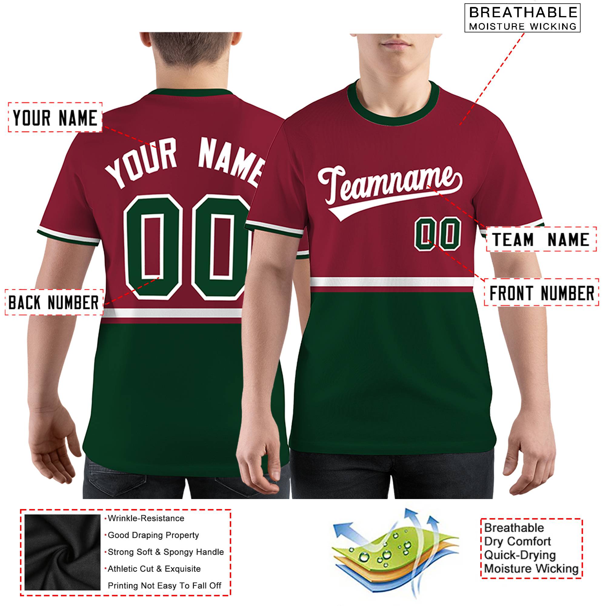 Custom Crimson Green-White Color Block Design Performance T-Shirt