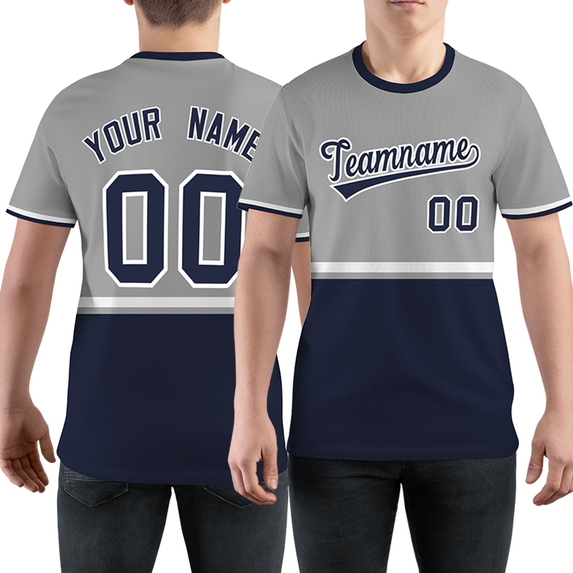 Custom Gray Navy-White Color Block Design Performance T-Shirt