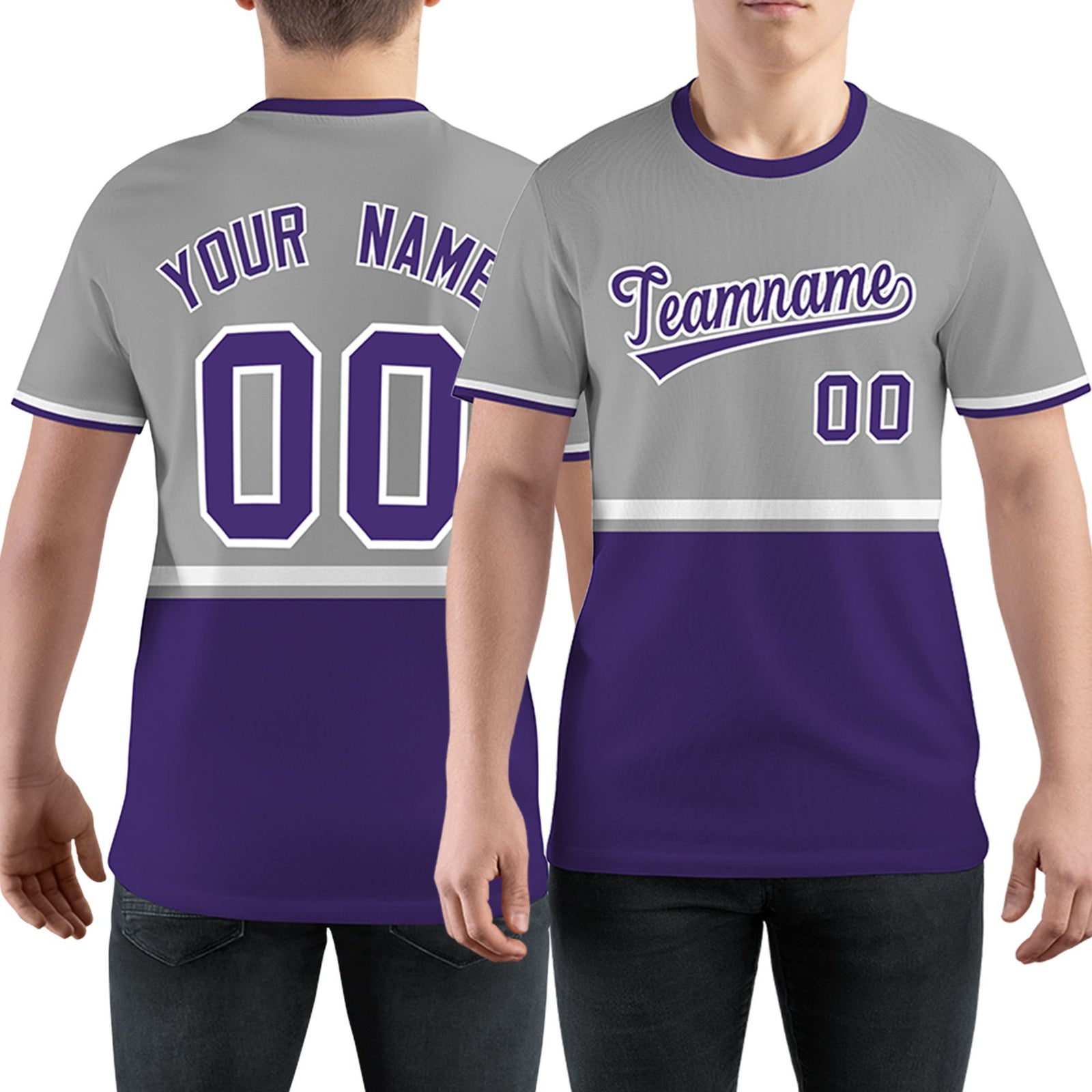 Custom Gray Purple-White Color Block Design Performance T-Shirt