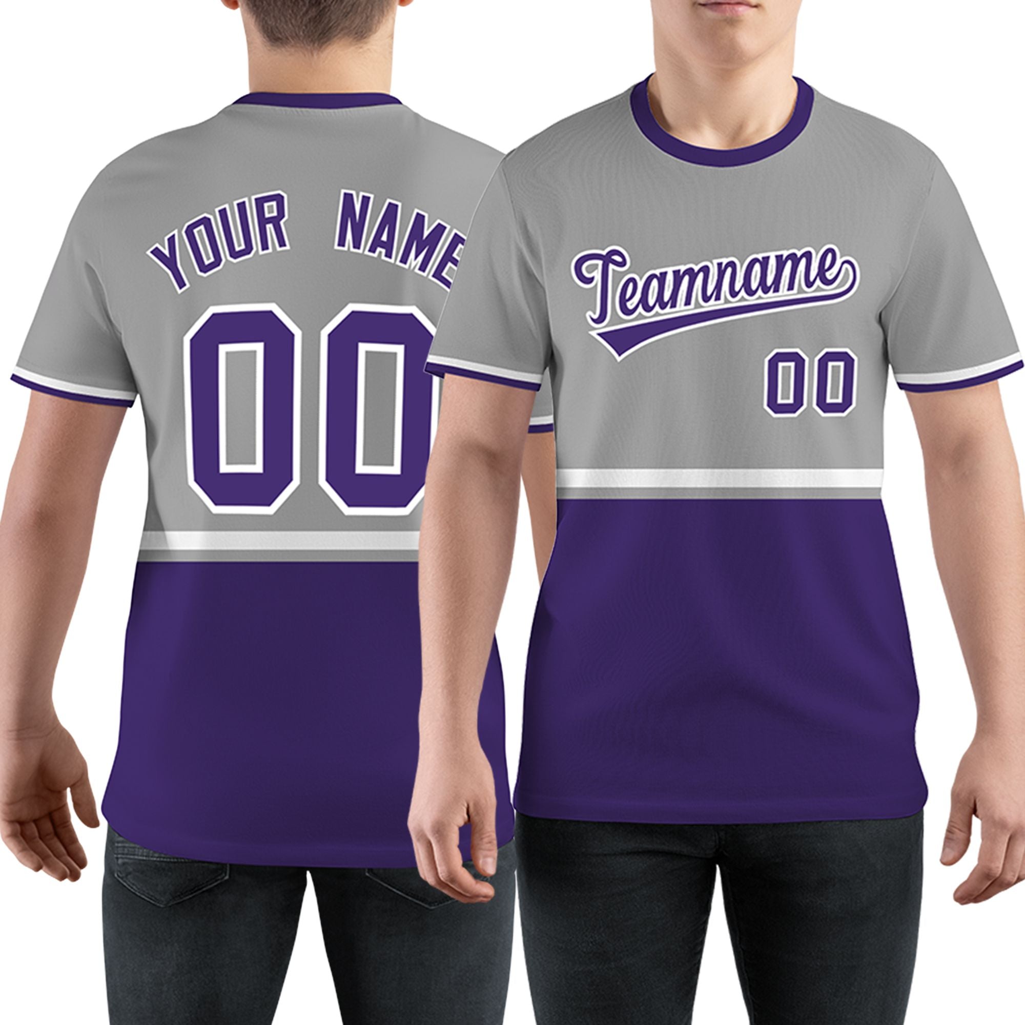 Custom Gray Purple-White Color Block Design Performance T-Shirt