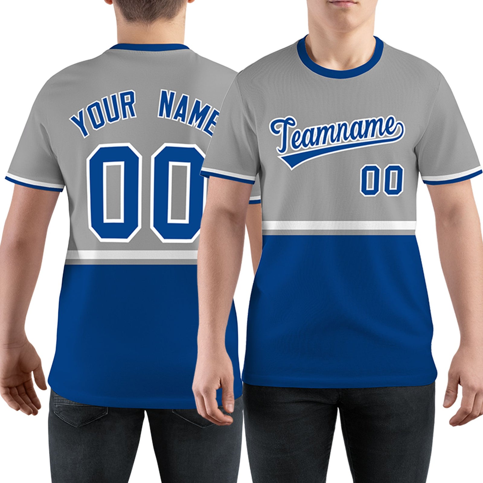 Custom Gray Royal Blue-White Color Block Design Performance T-Shirt