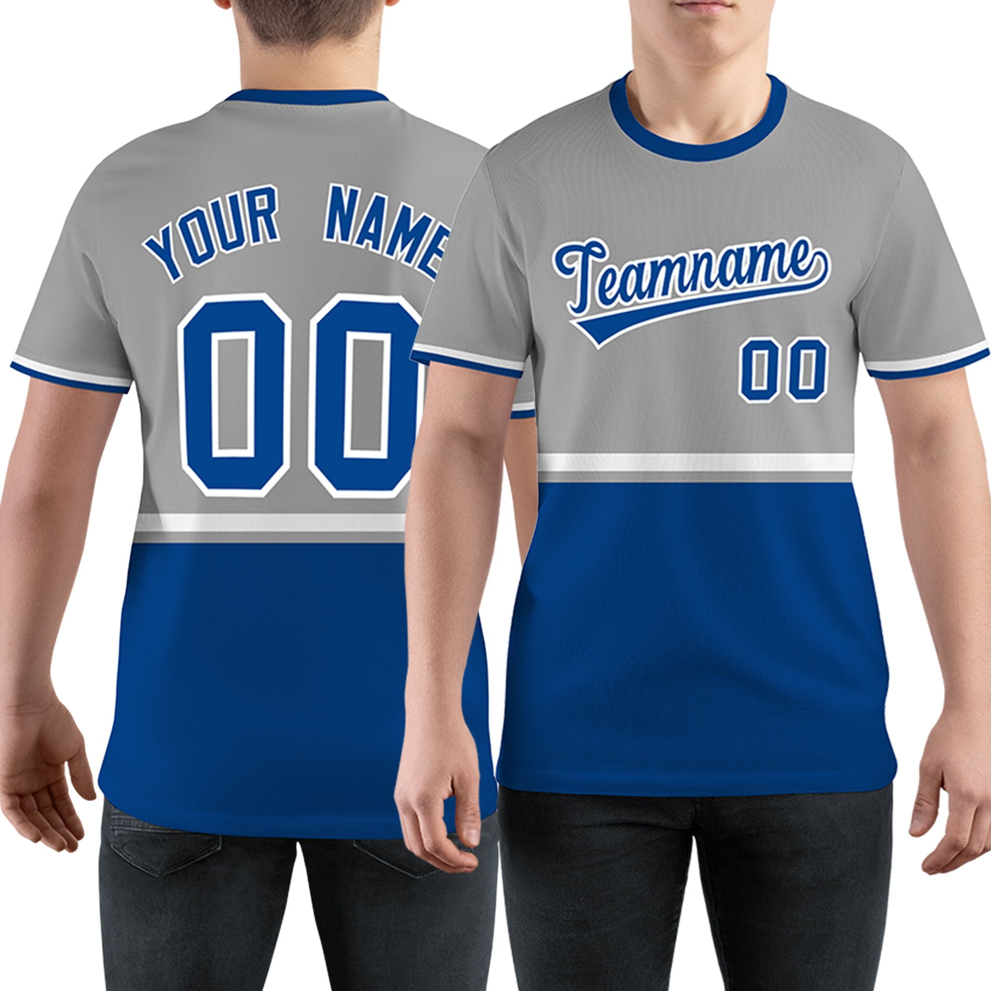 Custom Gray Royal Blue-White Color Block Design Performance T-Shirt