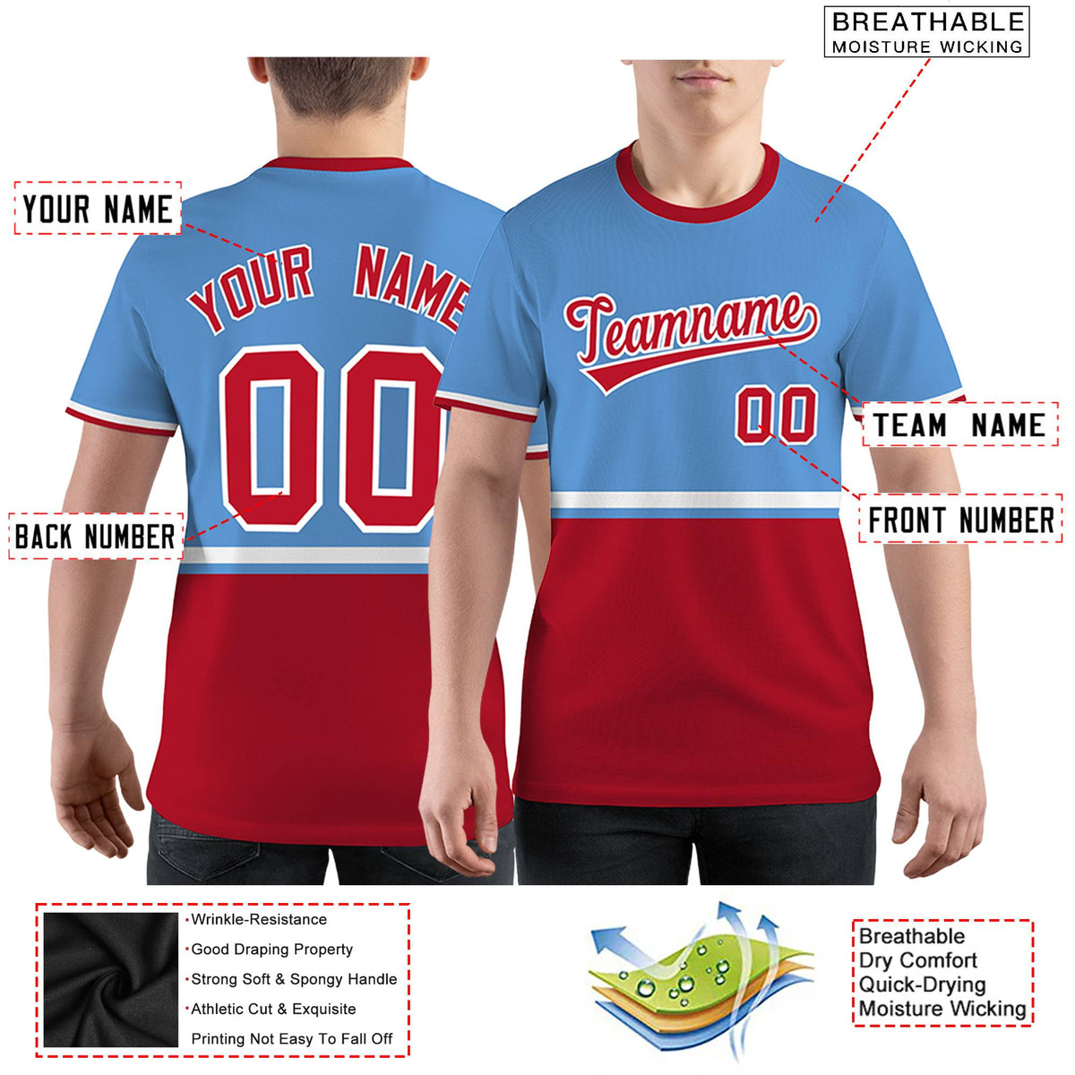 Custom Light Blue Red-White Color Block Design Performance T-Shirt