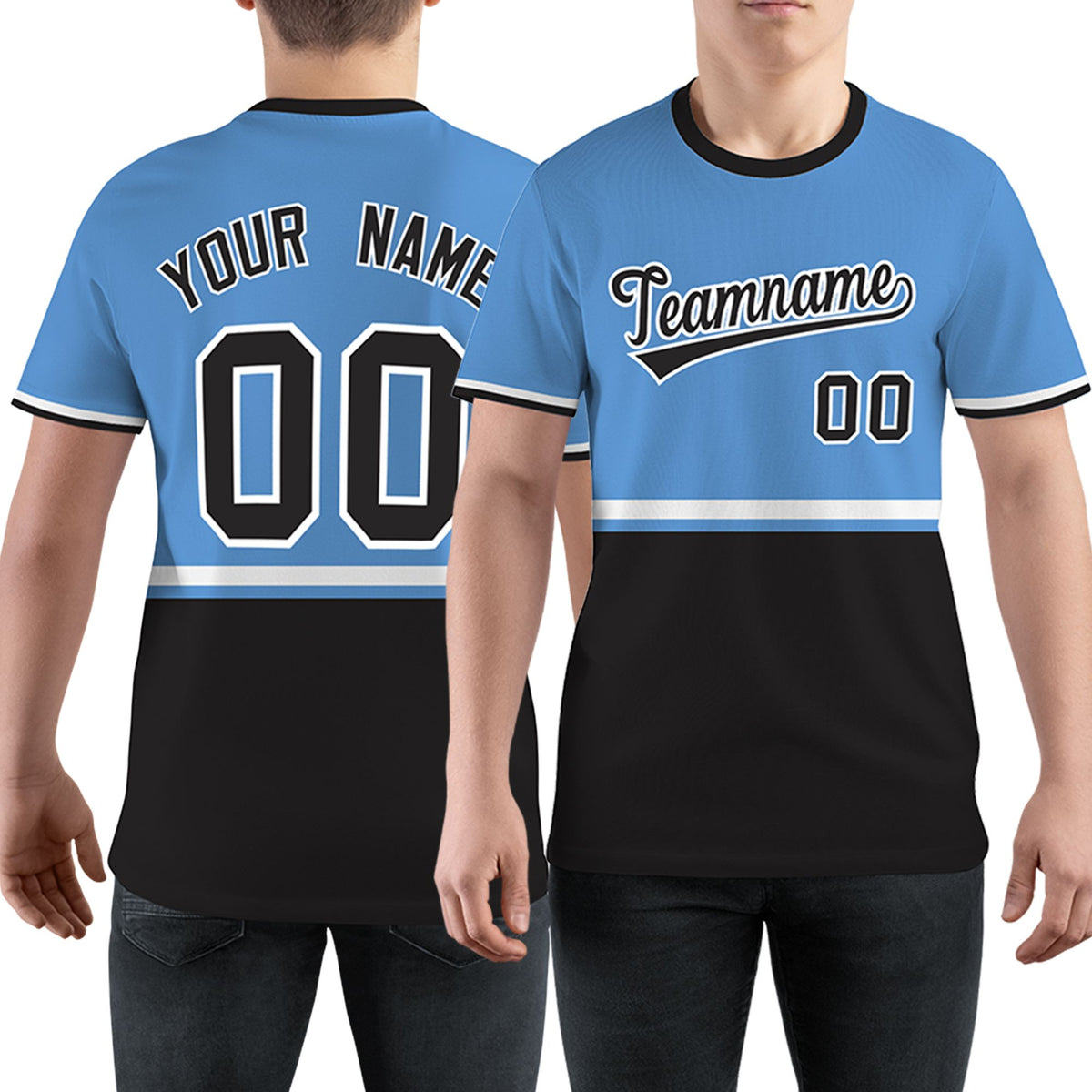 Custom Light Blue Black-White Color Block Design Performance T-Shirt