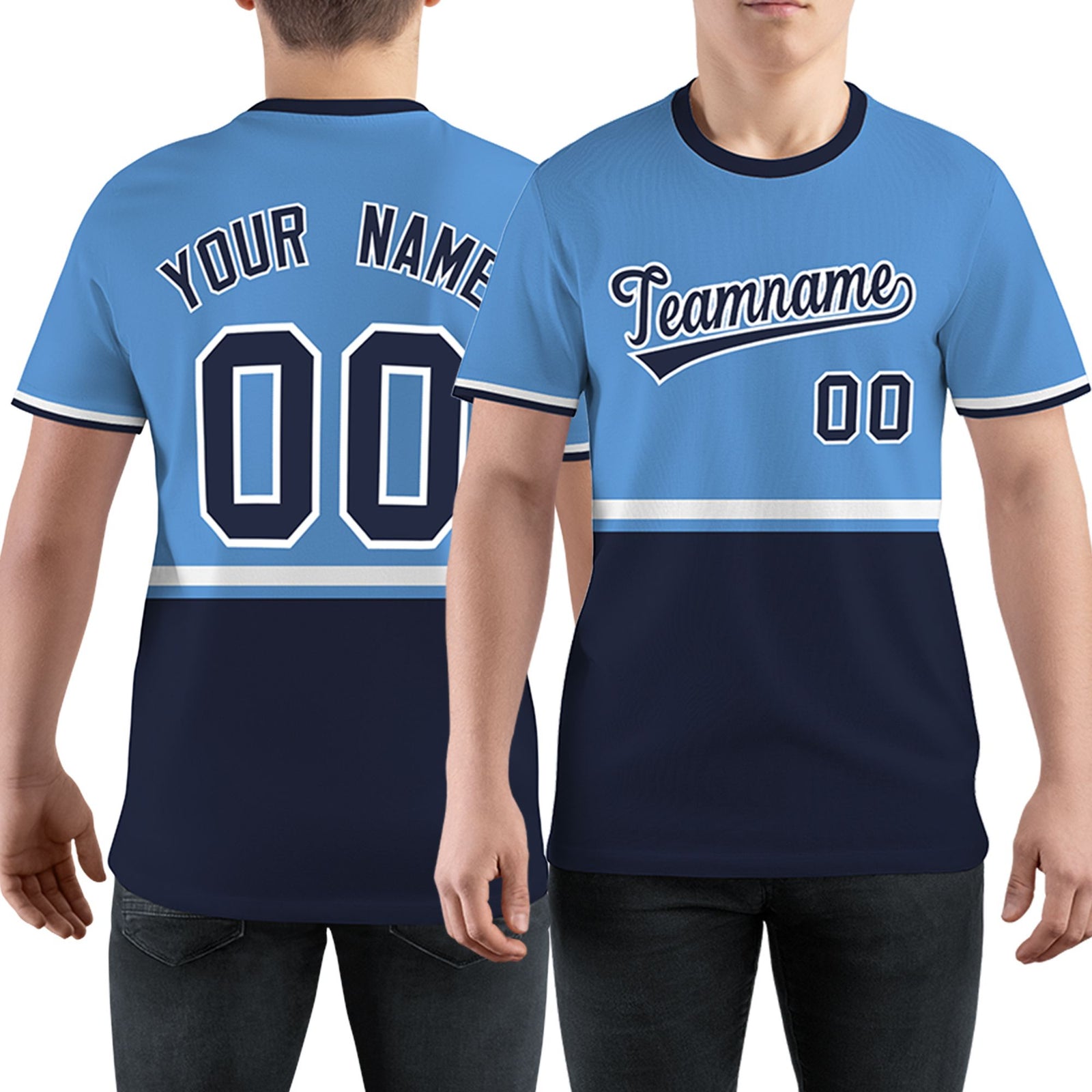 Custom Light Blue Navy-White Color Block Design Performance T-Shirt