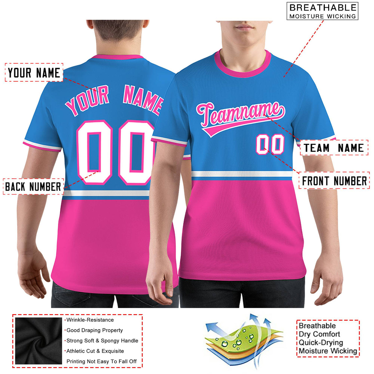 Custom Powder Blue Pink-White Color Block Design Performance T-Shirt