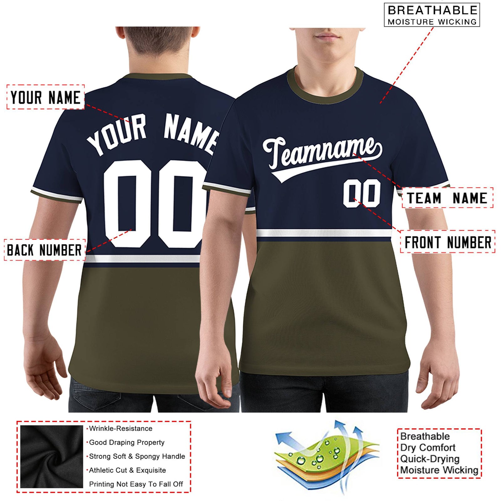 Custom Navy Olive-White Color Block Design Performance T-Shirt