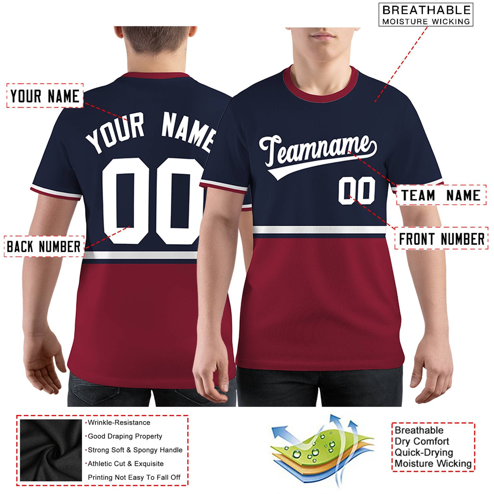 Custom Navy Crimson-White Color Block Design Performance T-Shirt