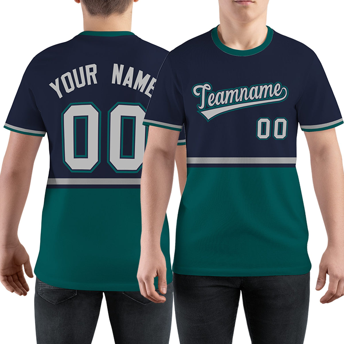 Custom Navy Midnight Green-Gray Color Block Design Performance T-Shirt