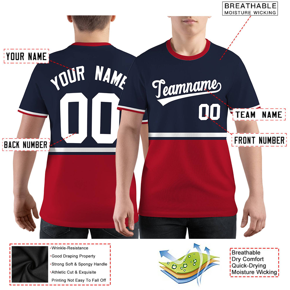 Custom Navy Red-White Color Block Design Performance T-Shirt