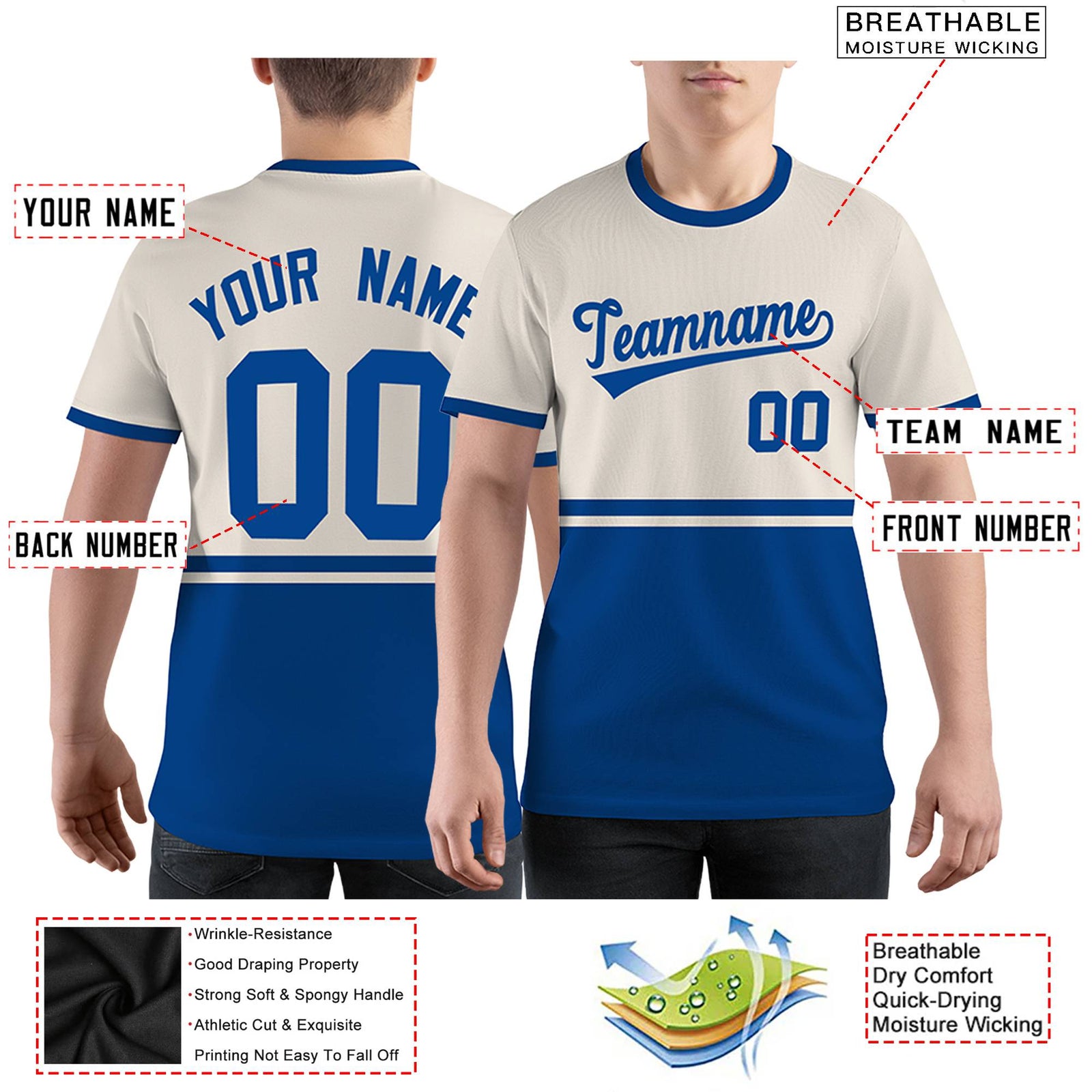Custom Royal Blue Cream Color Block Design Performance T-Shirt