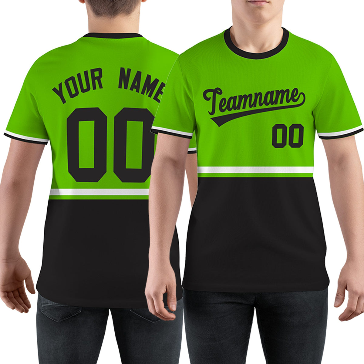Custom Neon Green Black-White Color Block Design Performance T-Shirt