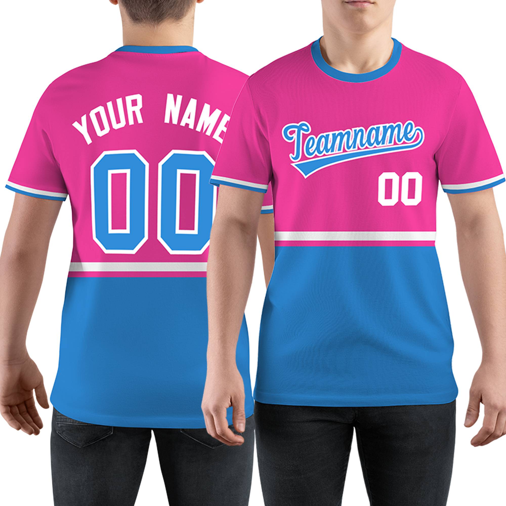 Custom Pink Powder Blue-White Color Block Design Performance T-Shirt