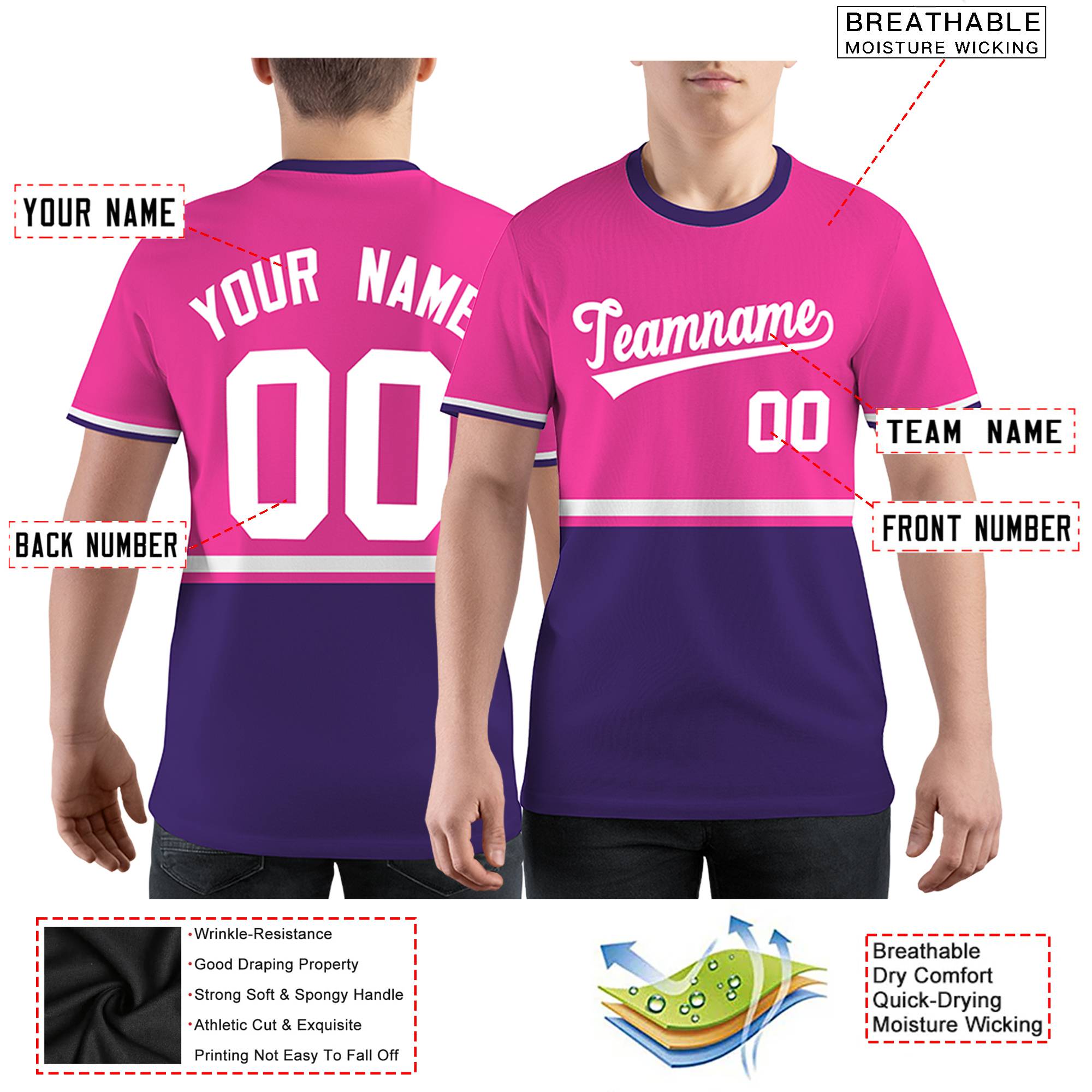 Custom Pink Purple-White Color Block Design Performance T-Shirt