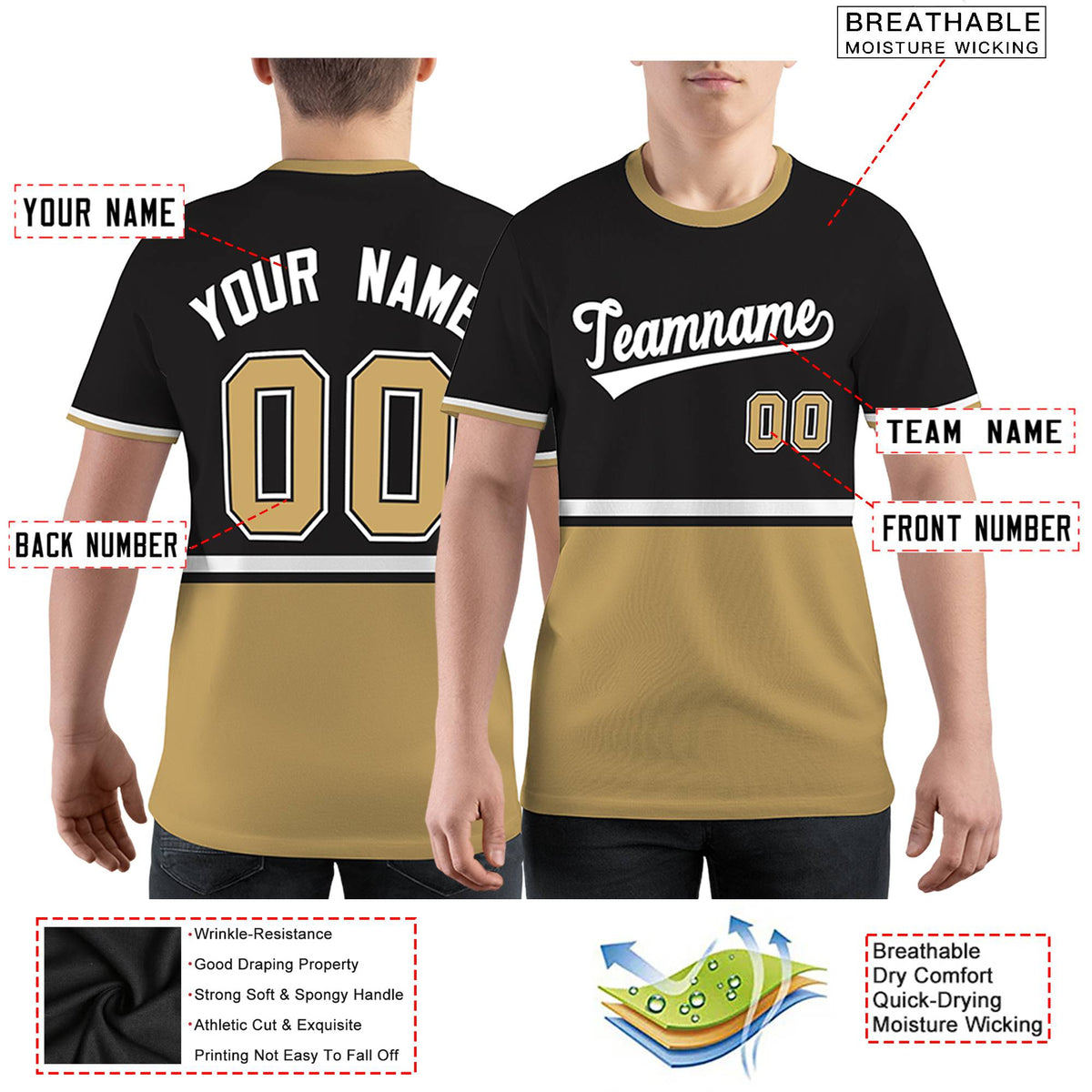Custom Black Old Gold-White Color Block Design Performance T-Shirt