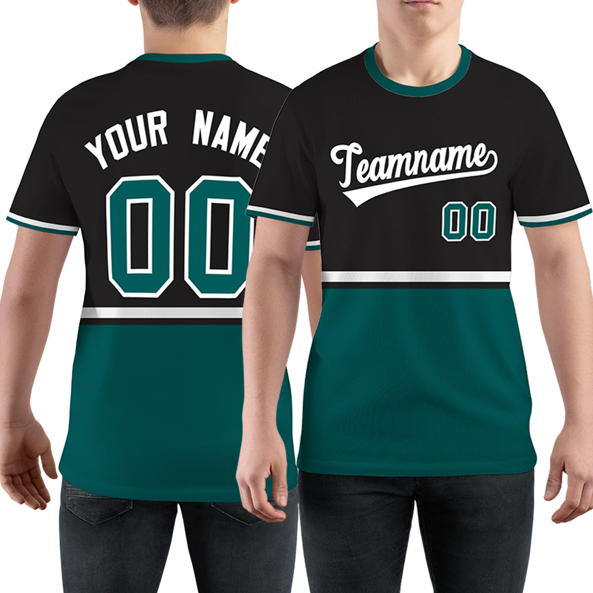 Custom Black Midnight Green-White Color Block Design Performance T-Shirt