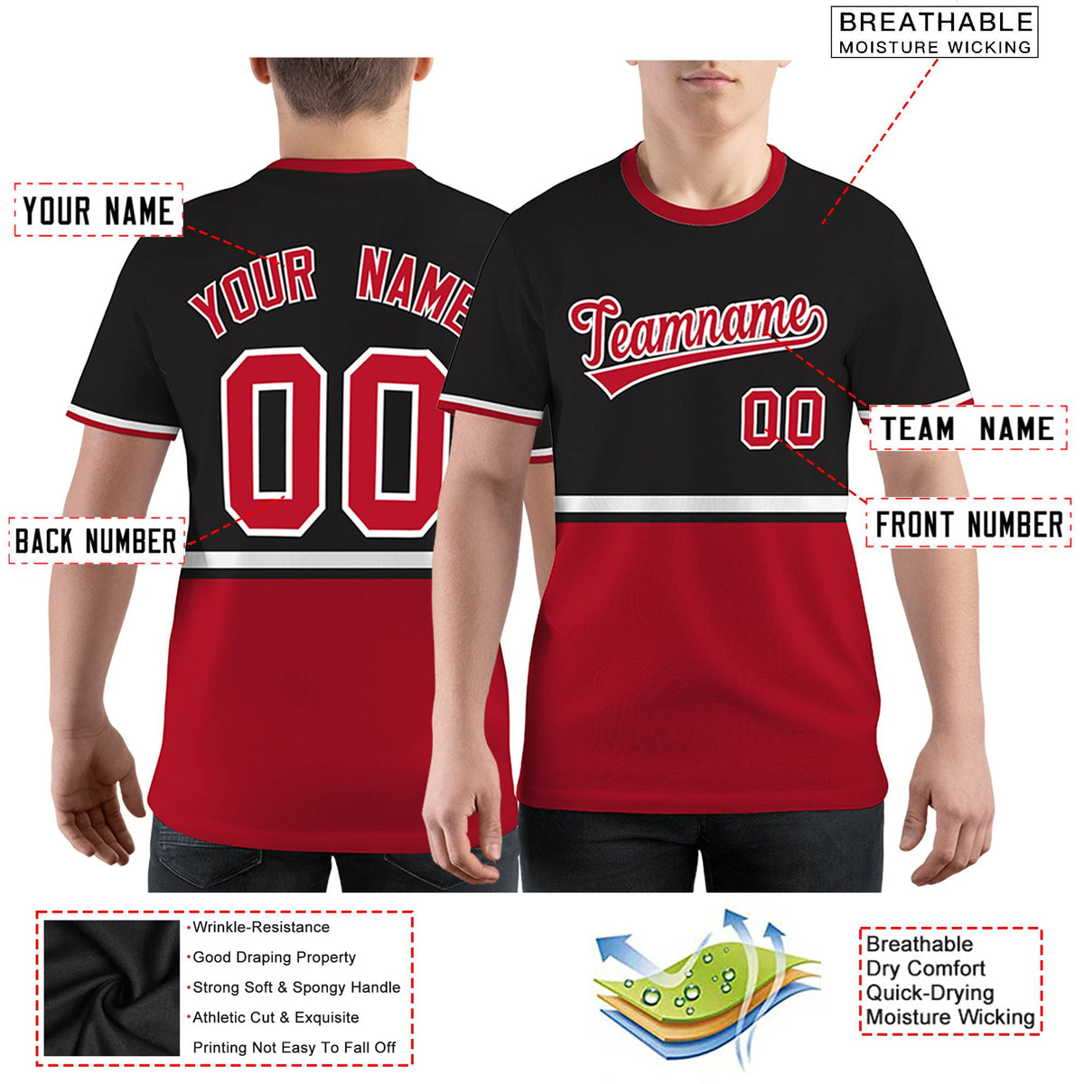 Custom Black Red-White Color Block Design Performance T-Shirt