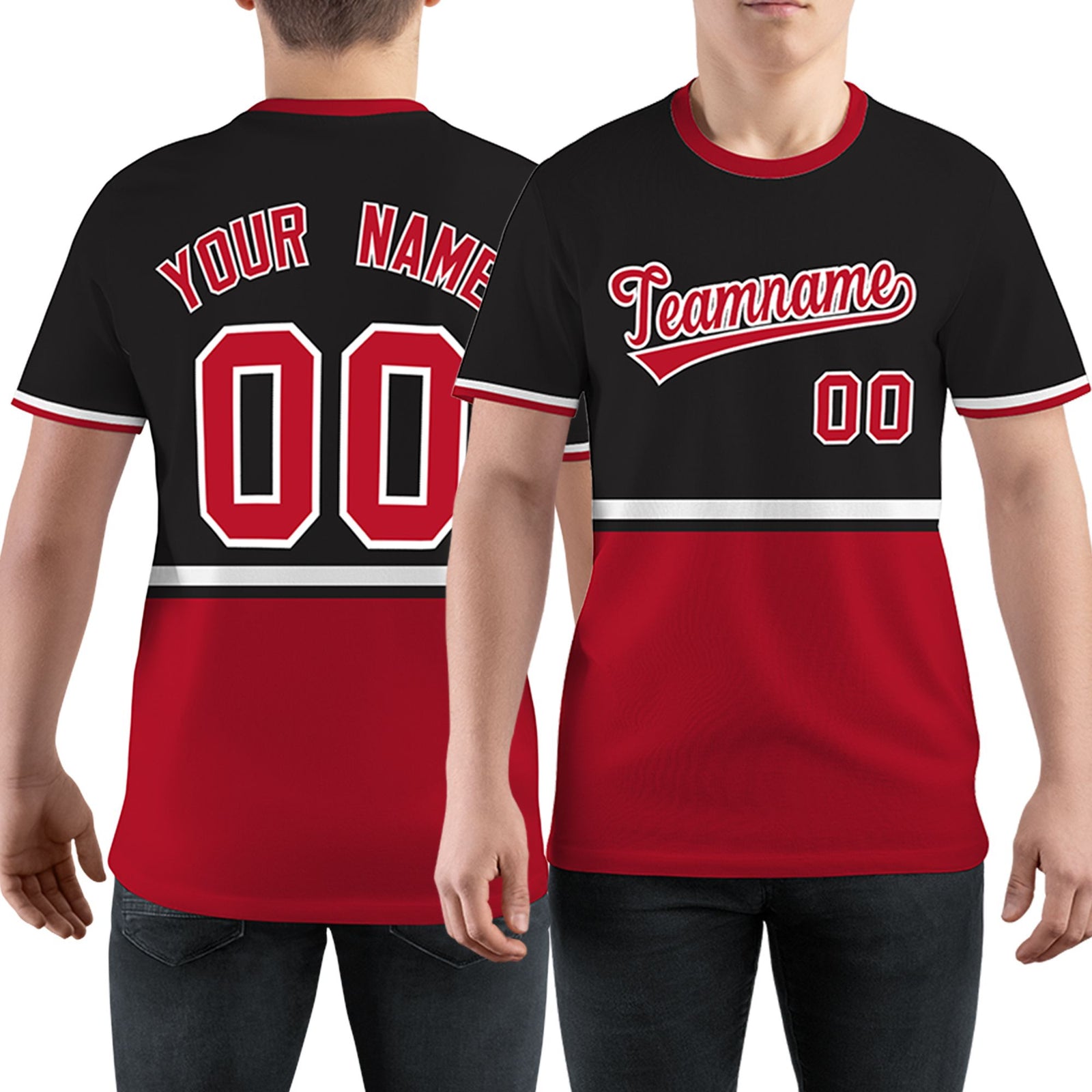 Custom Black Red-White Color Block Design Performance T-Shirt
