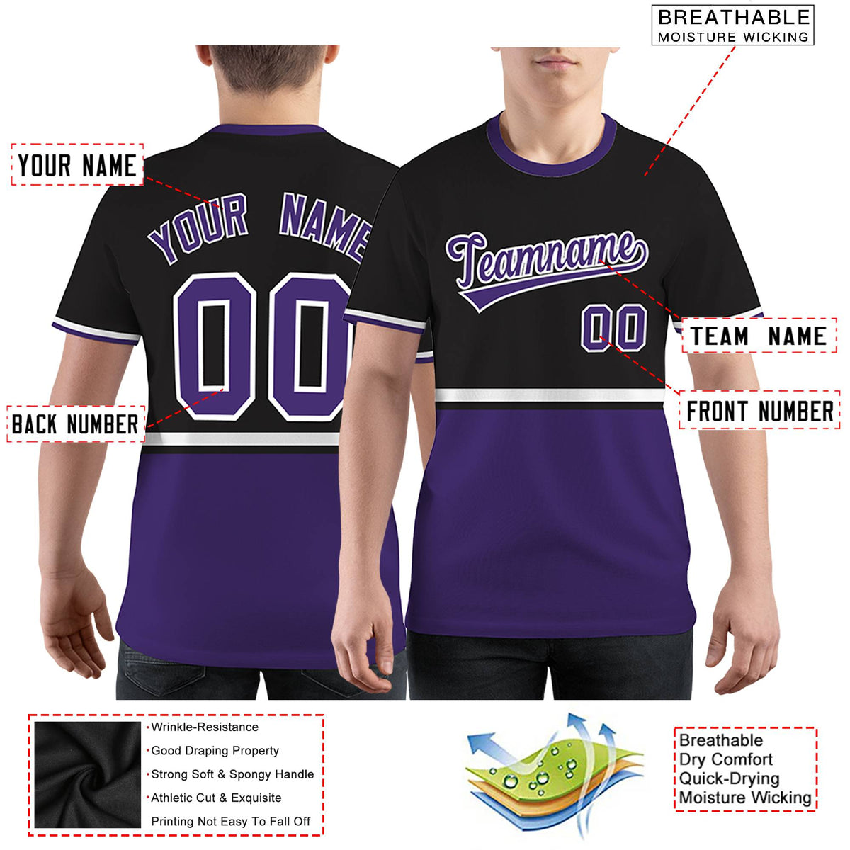 Custom Black Purple-White Color Block Design Performance T-Shirt