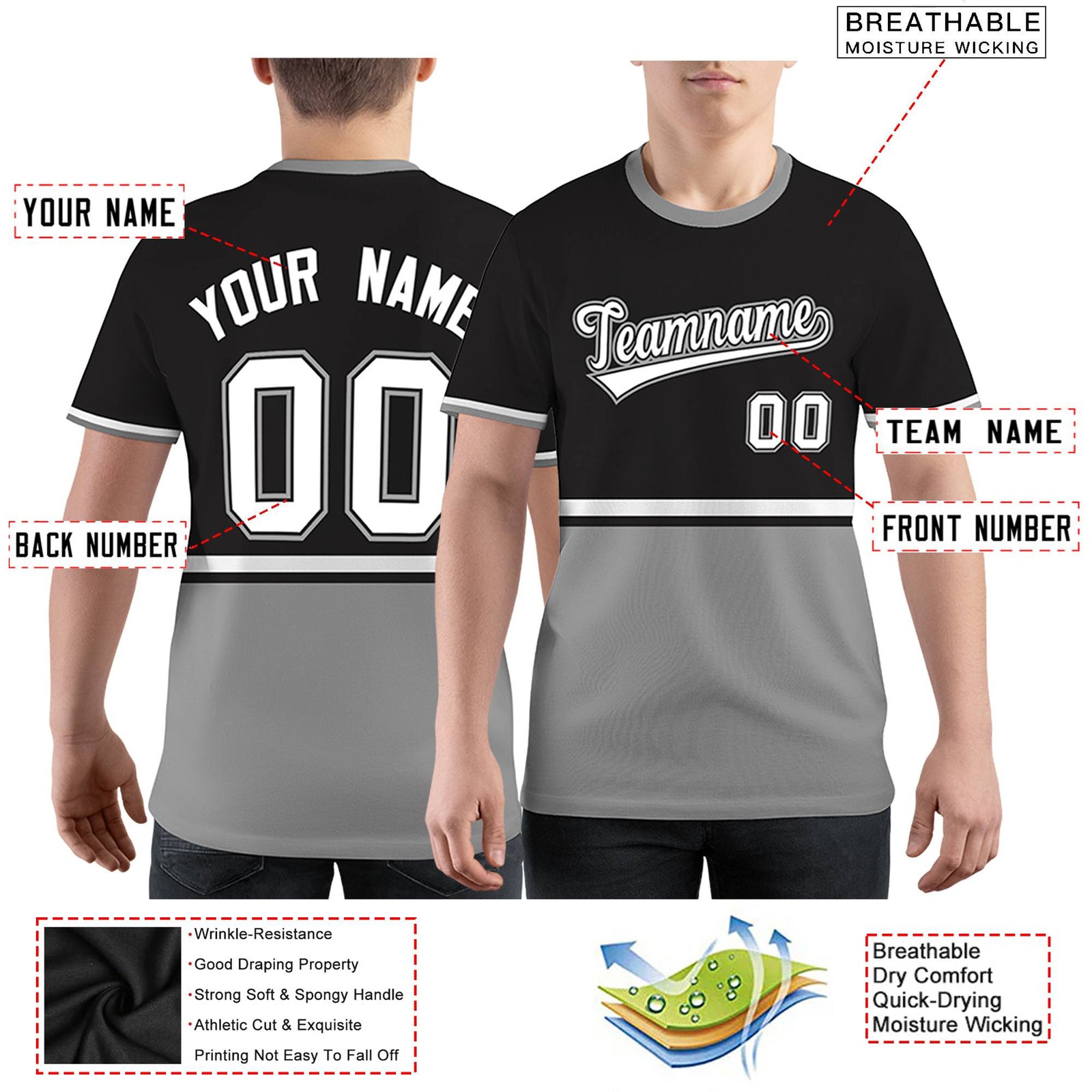 Custom Black Gray-White Color Block Design Performance T-Shirt