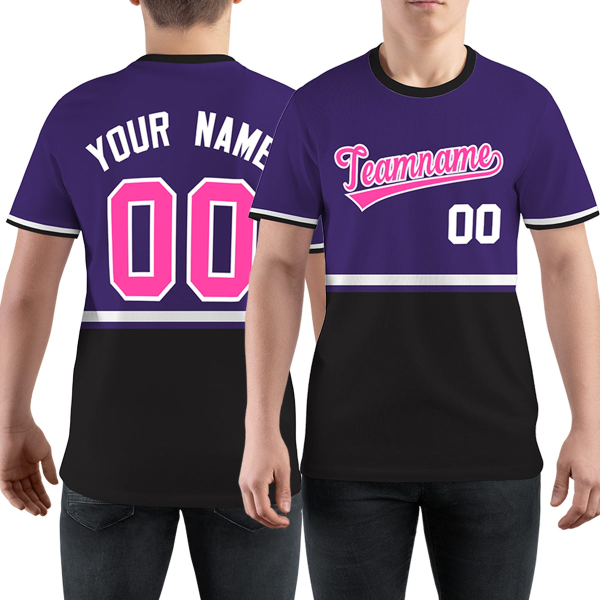 Custom Purple Black-White Color Block Design Performance T-Shirt