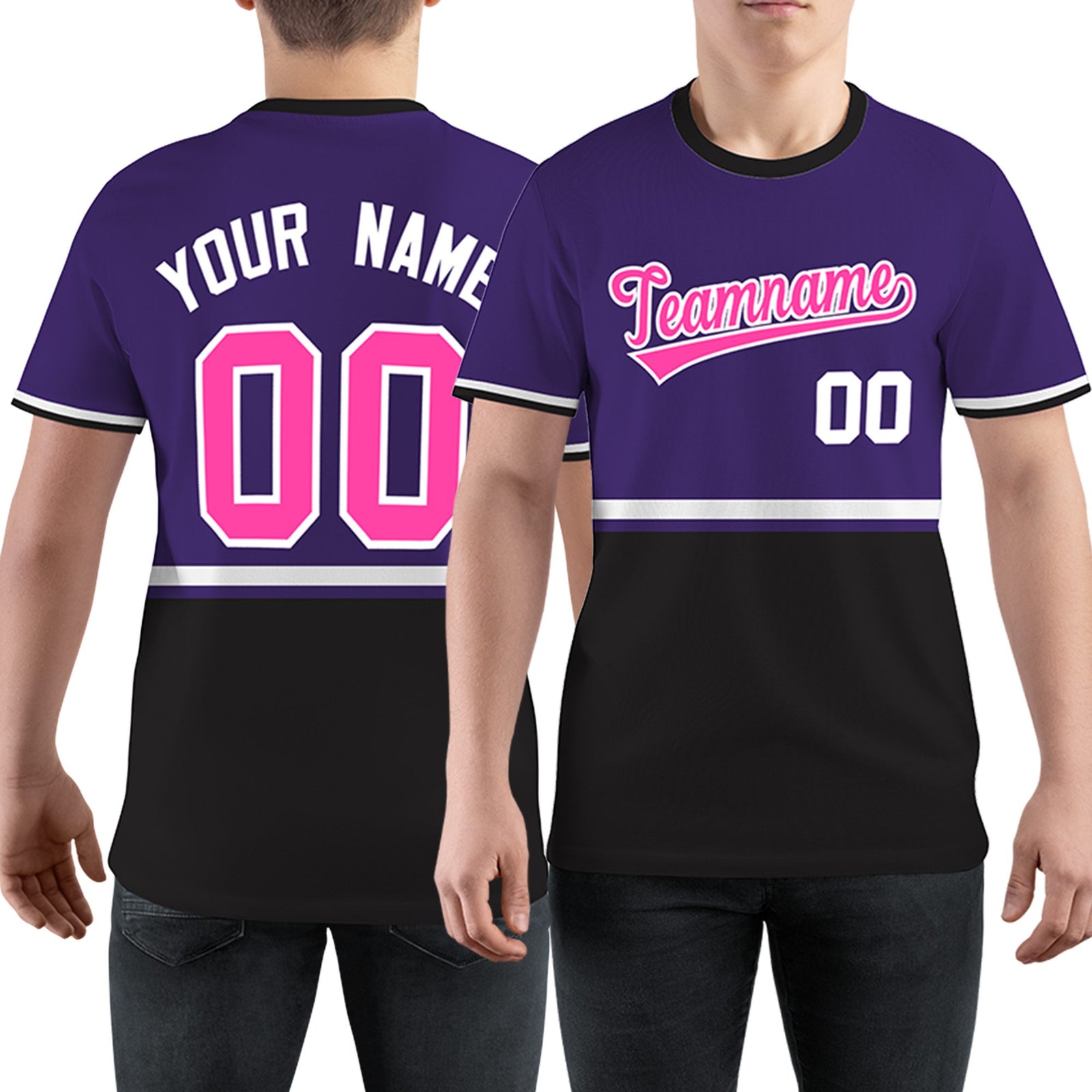 Custom Purple Black-White Color Block Design Performance T-Shirt