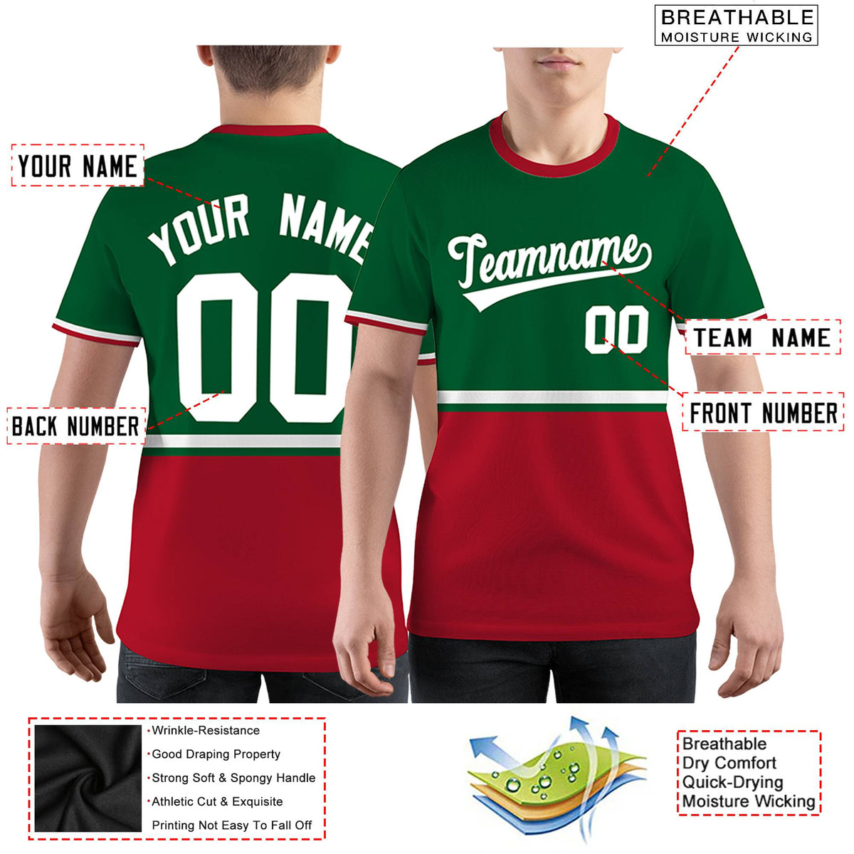 Custom Kelly Green Red-White Color Block Design Performance T-Shirt