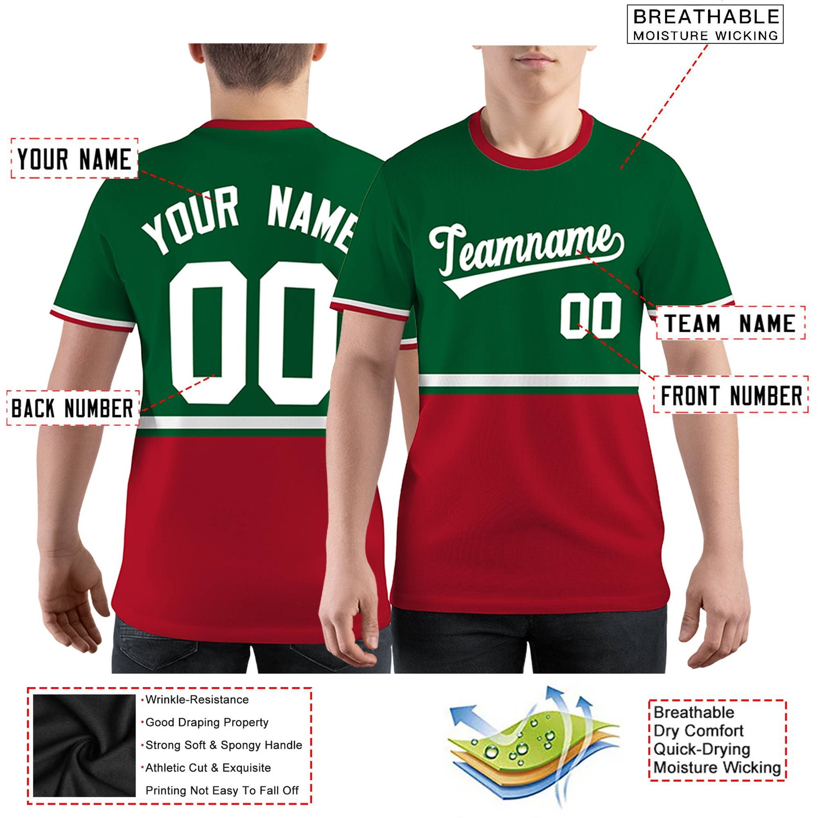 Custom Kelly Green Red-White Color Block Design Performance T-Shirt