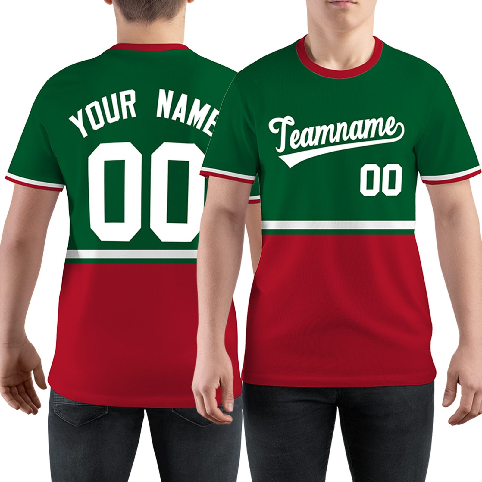 Custom Kelly Green Red-White Color Block Design Performance T-Shirt
