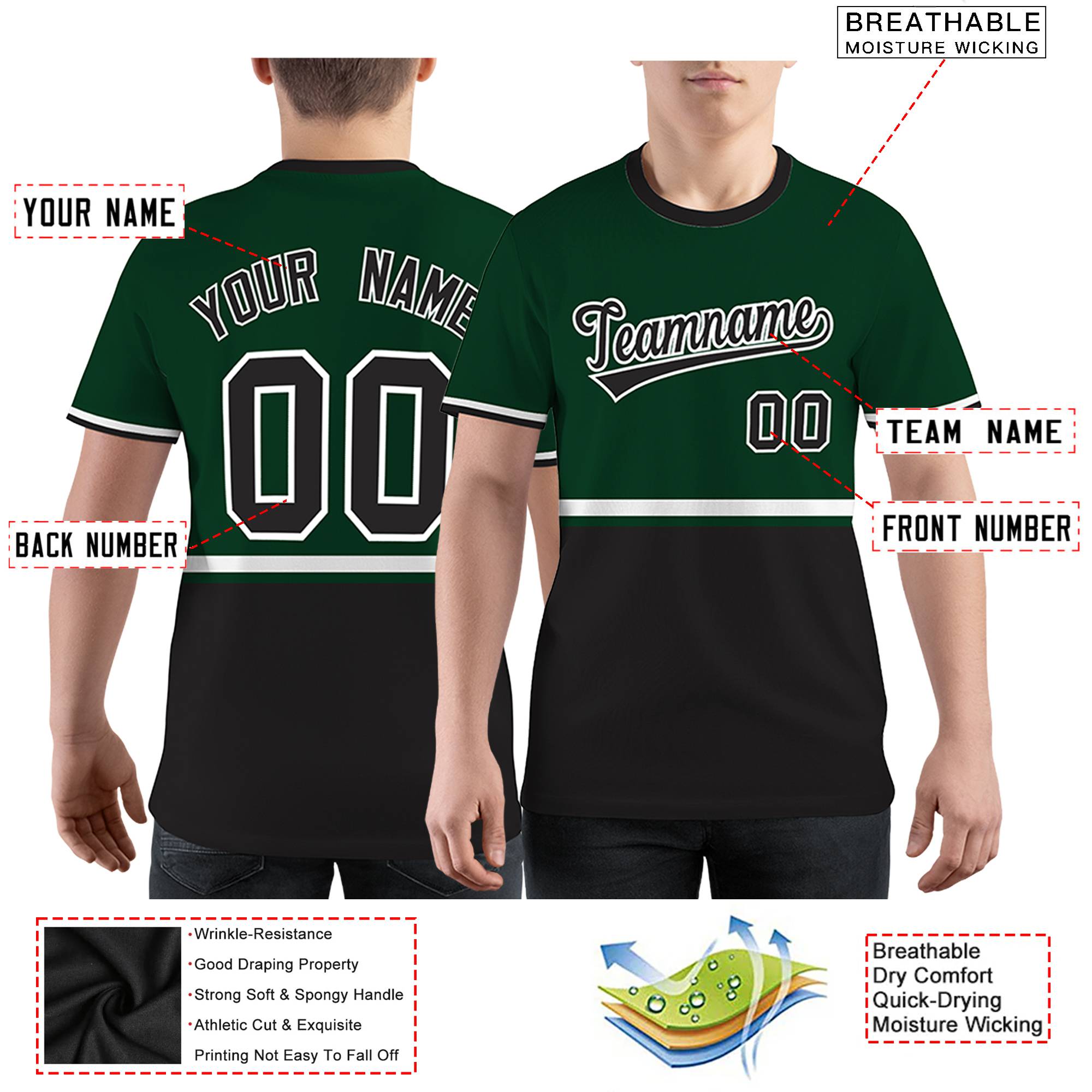 Custom Green Black-White Color Block Design Performance T-Shirt