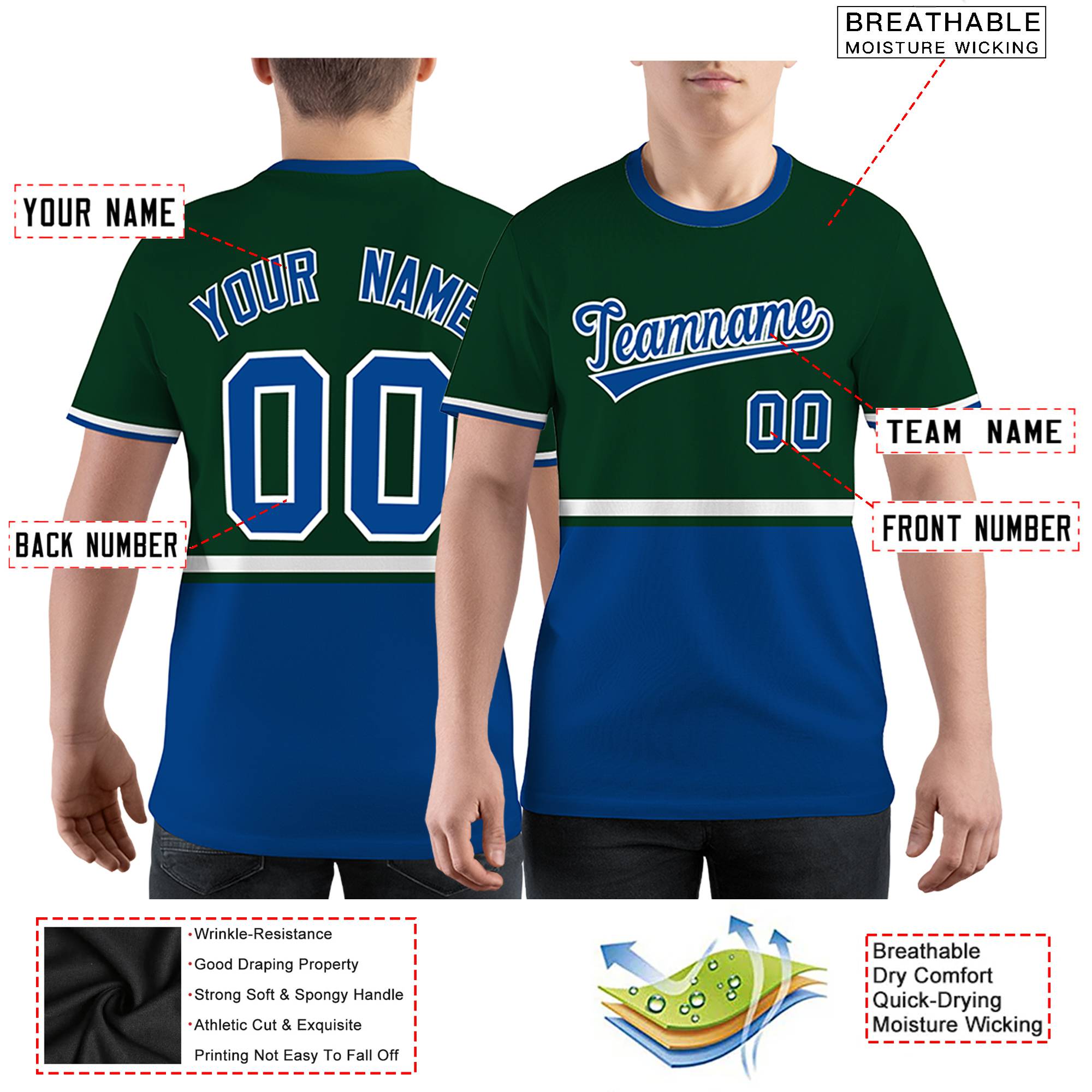 Custom Green Royal Blue-White Color Block Design Performance T-Shirt