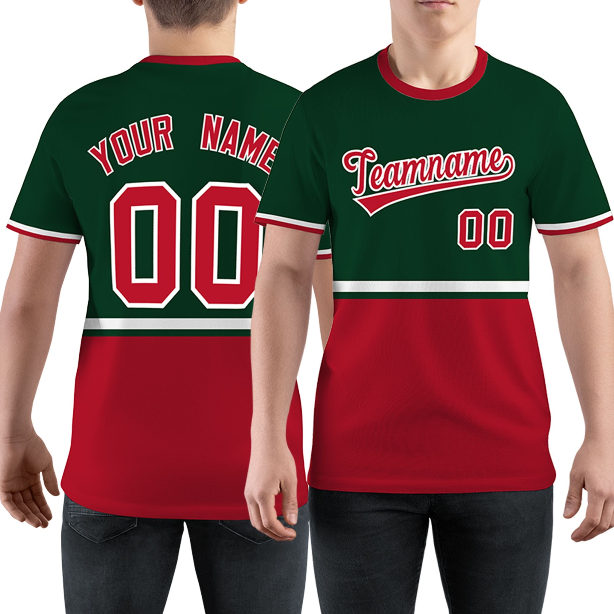 Custom Green Red-White Color Block Design Performance T-Shirt