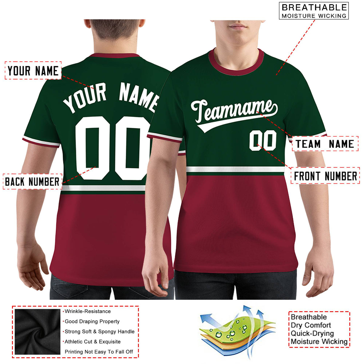 Custom Green Crimson-White Color Block Design Performance T-Shirt