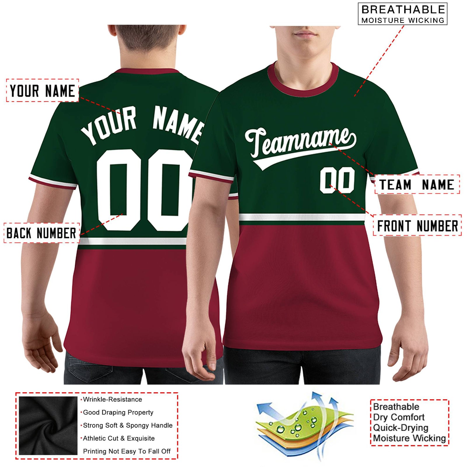 Custom Green Crimson-White Color Block Design Performance T-Shirt