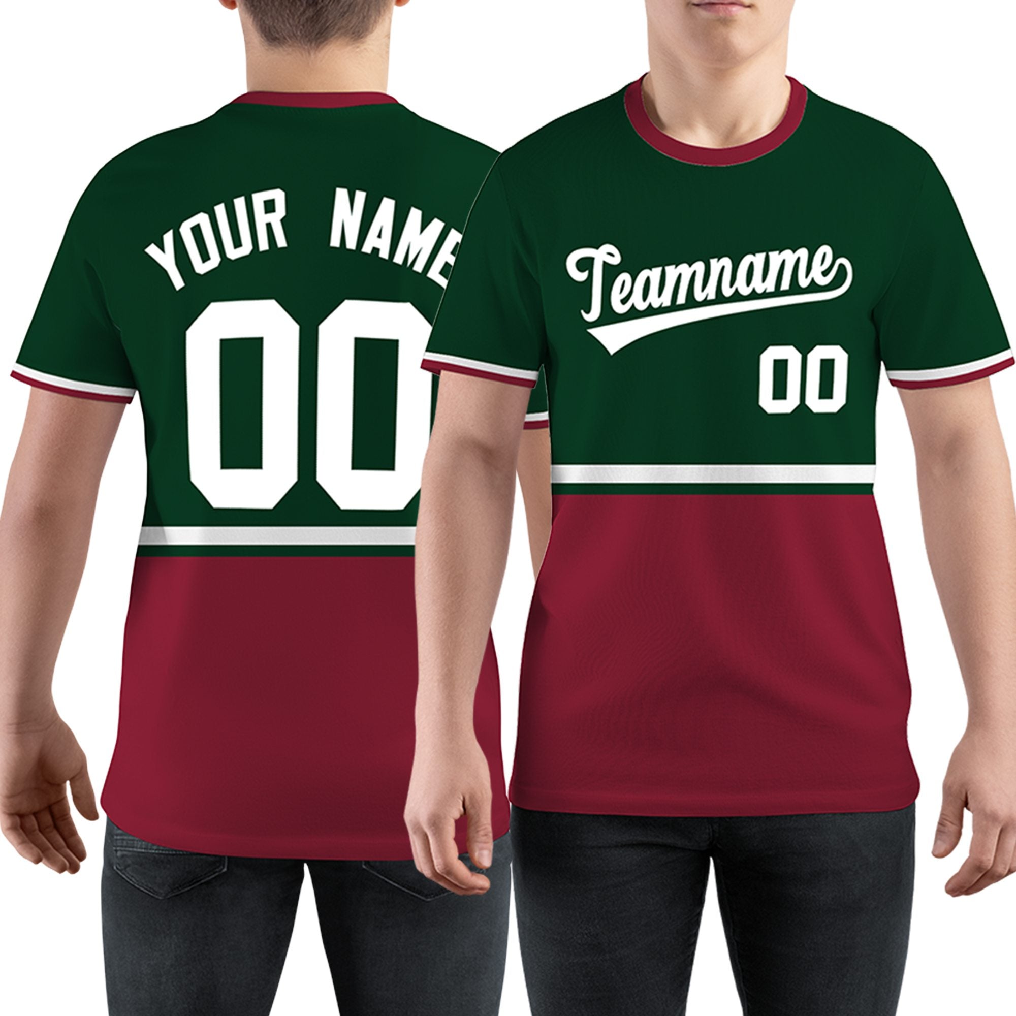 Custom Green Crimson-White Color Block Design Performance T-Shirt