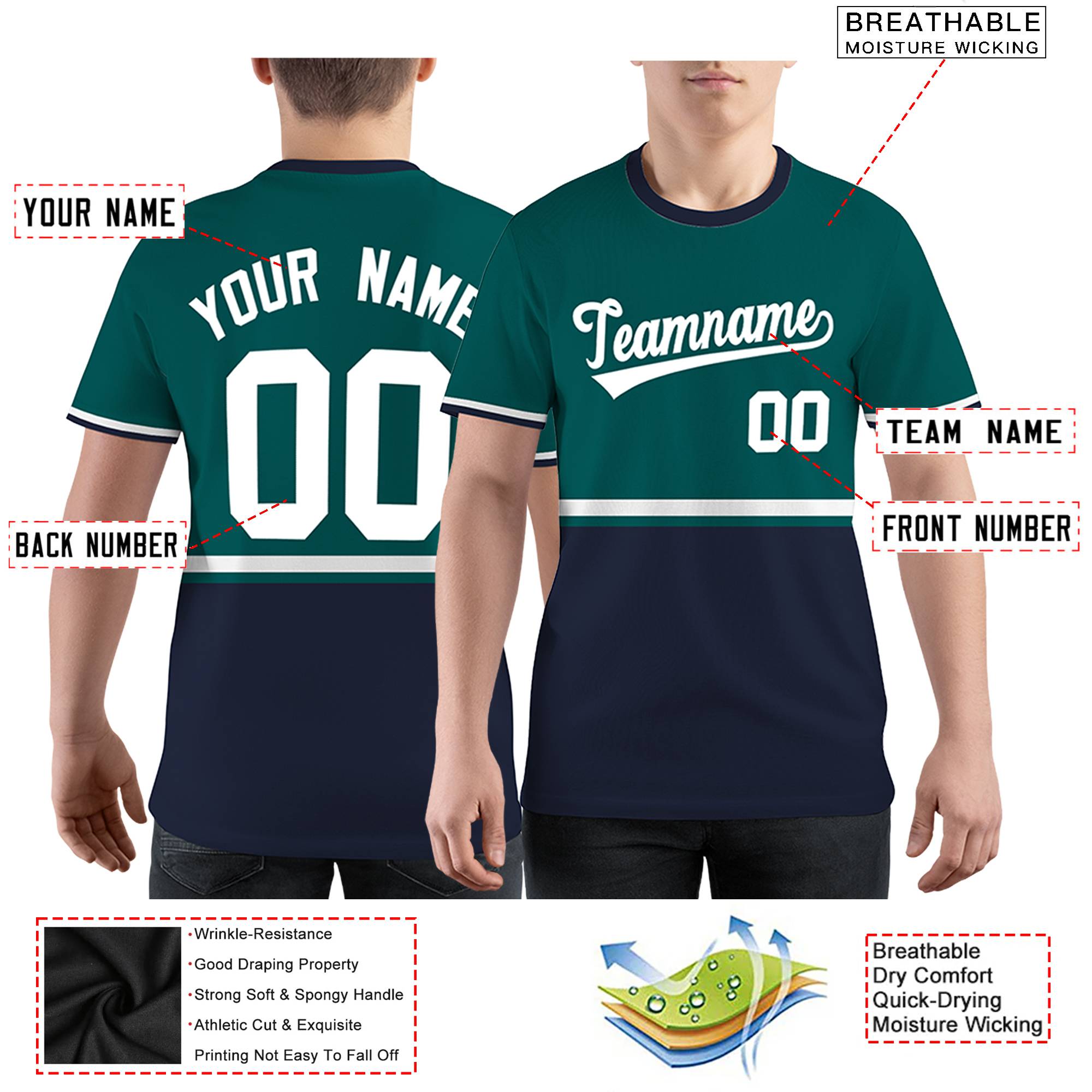 Custom Green Navy-White Color Block Design Performance T-Shirt