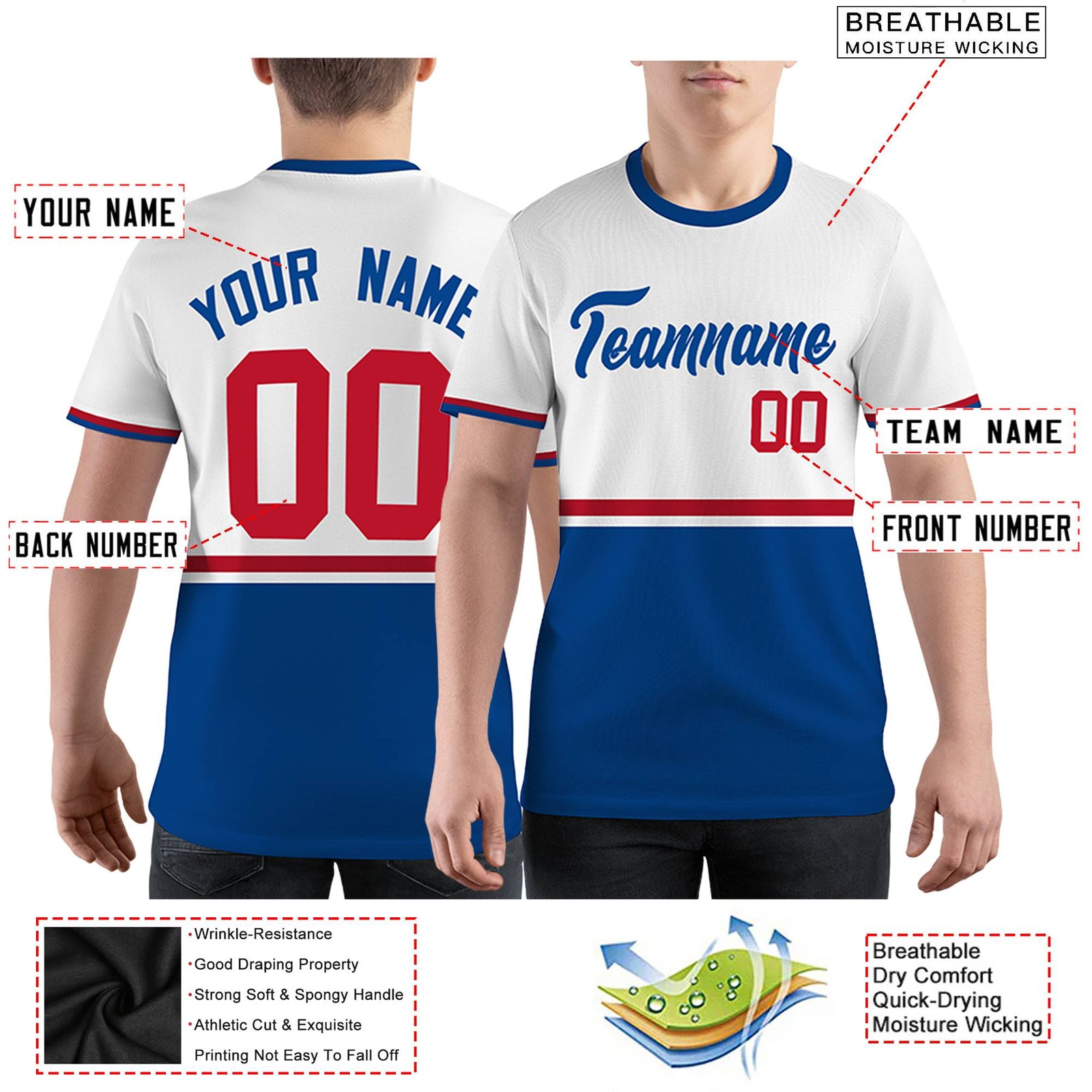 Custom White Royal Blue-Red Color Block Design Performance T-Shirt