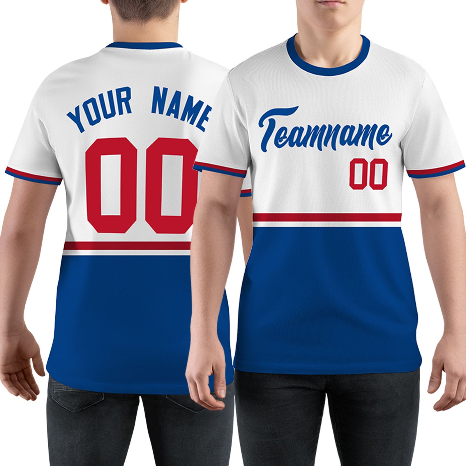 Custom White Royal Blue-Red Color Block Design Performance T-Shirt
