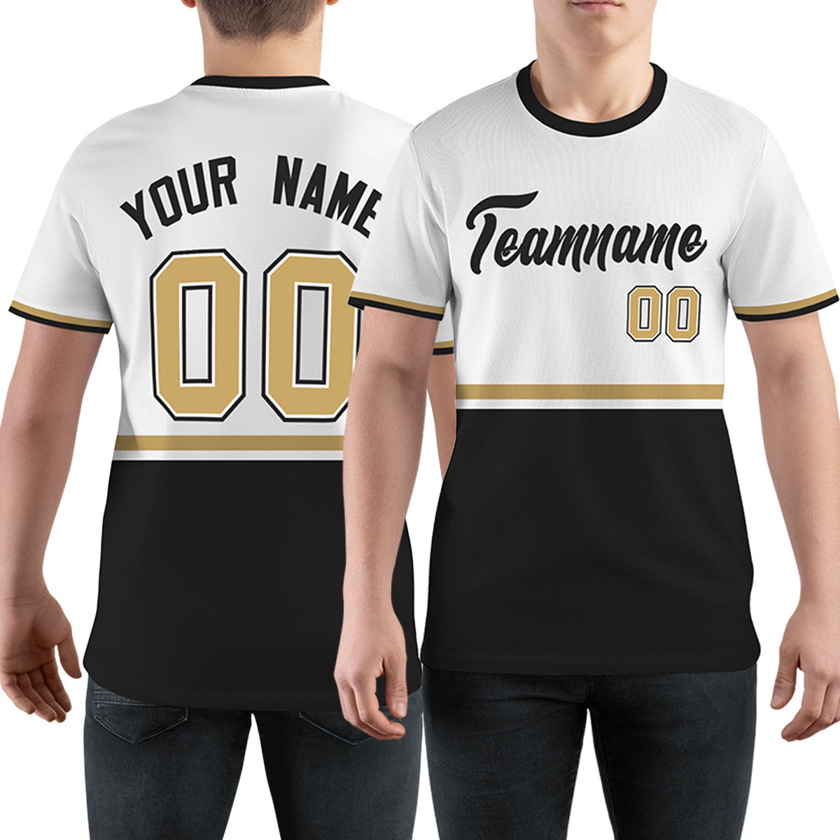 Custom White Black-Old Gold Color Block Design Performance T-Shirt