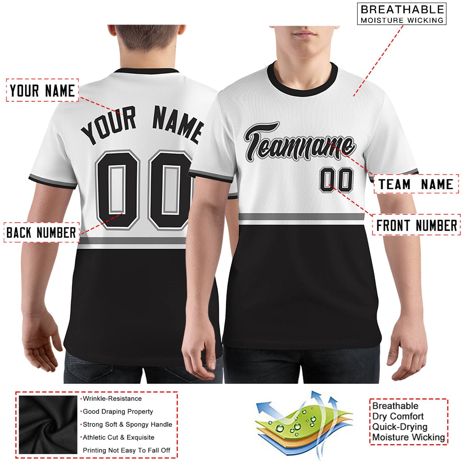 Custom White Black-Gray Color Block Design Performance T-Shirt