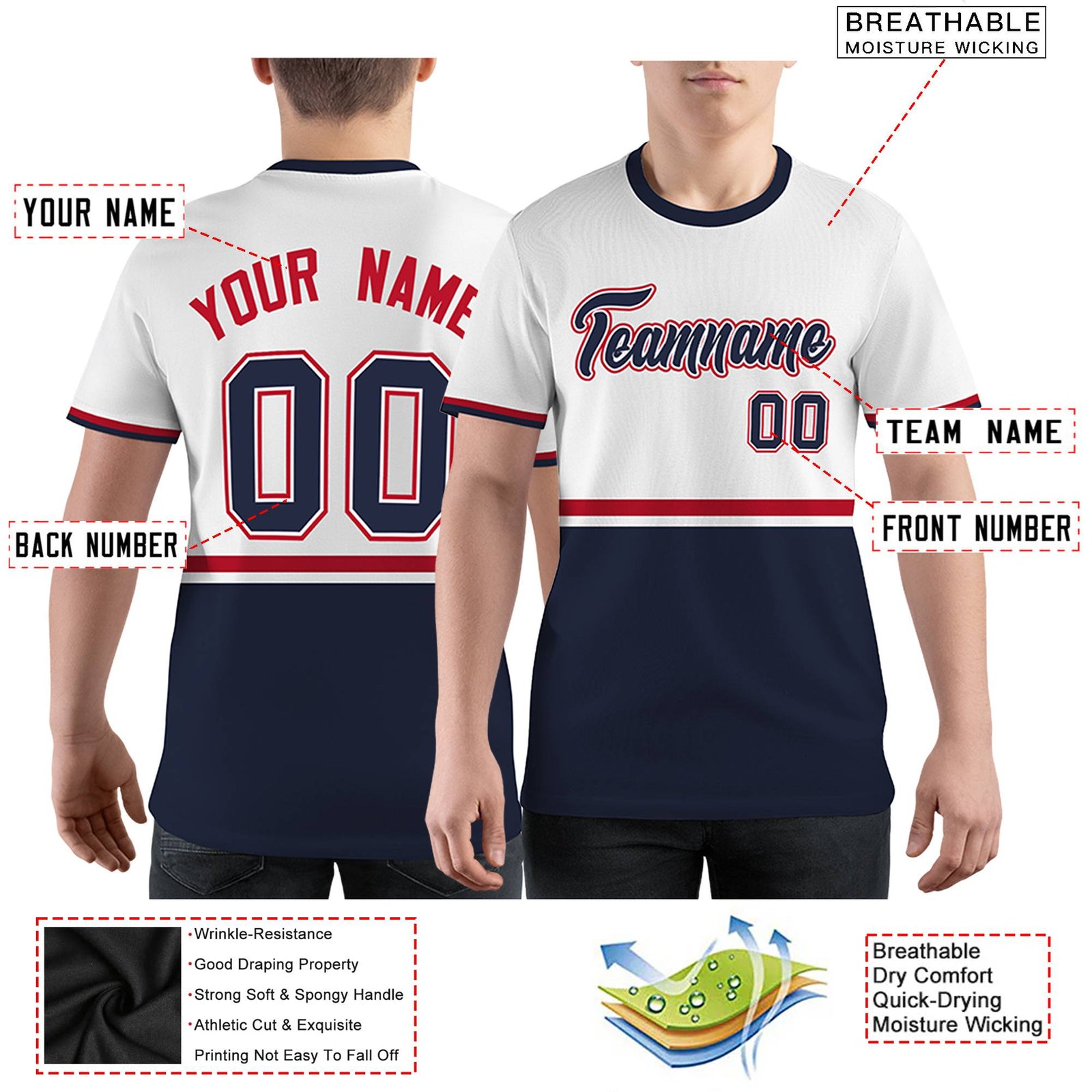 Custom White Navy-Red Color Block Design Performance T-Shirt