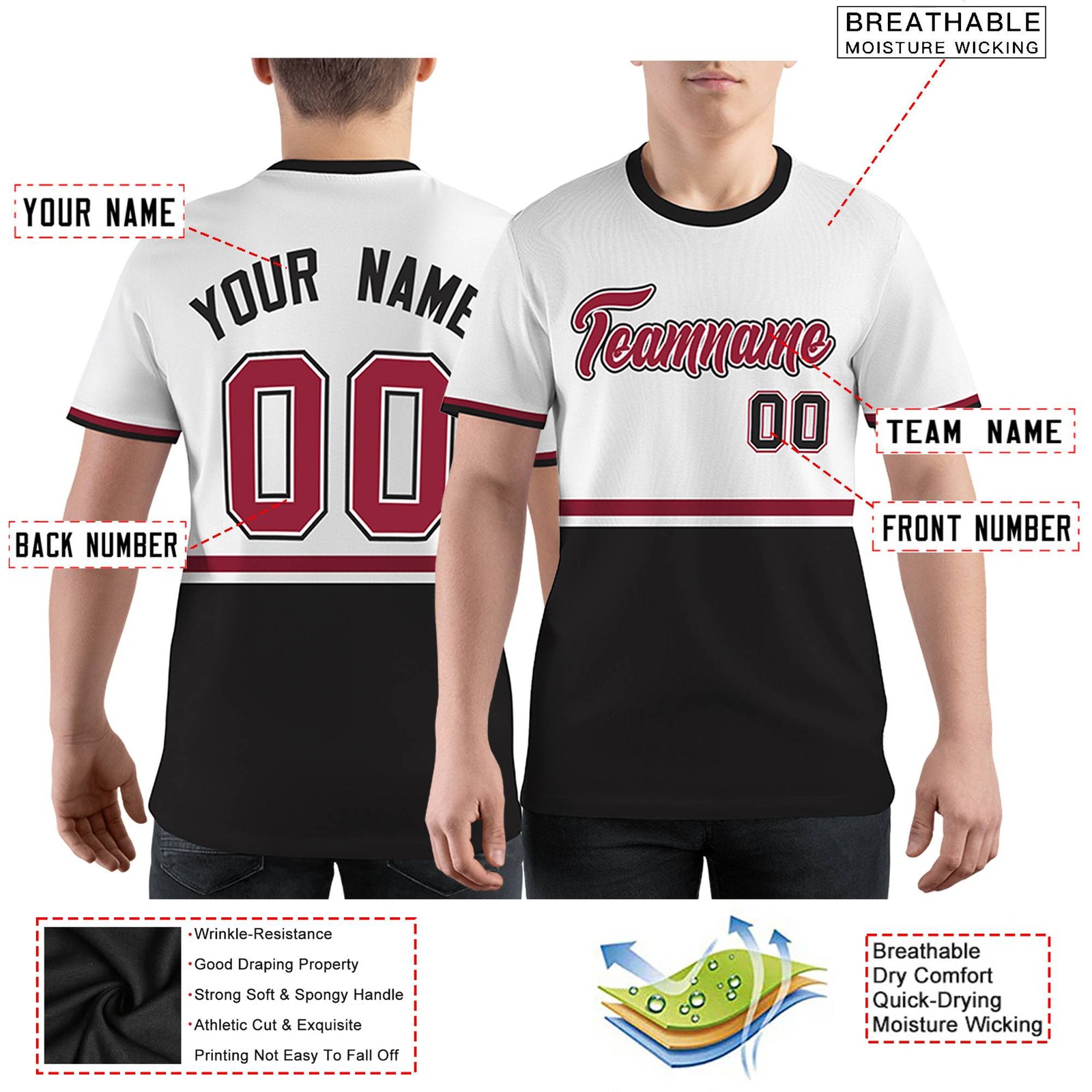 Custom White Black-Crimson Color Block Design Performance T-Shirt
