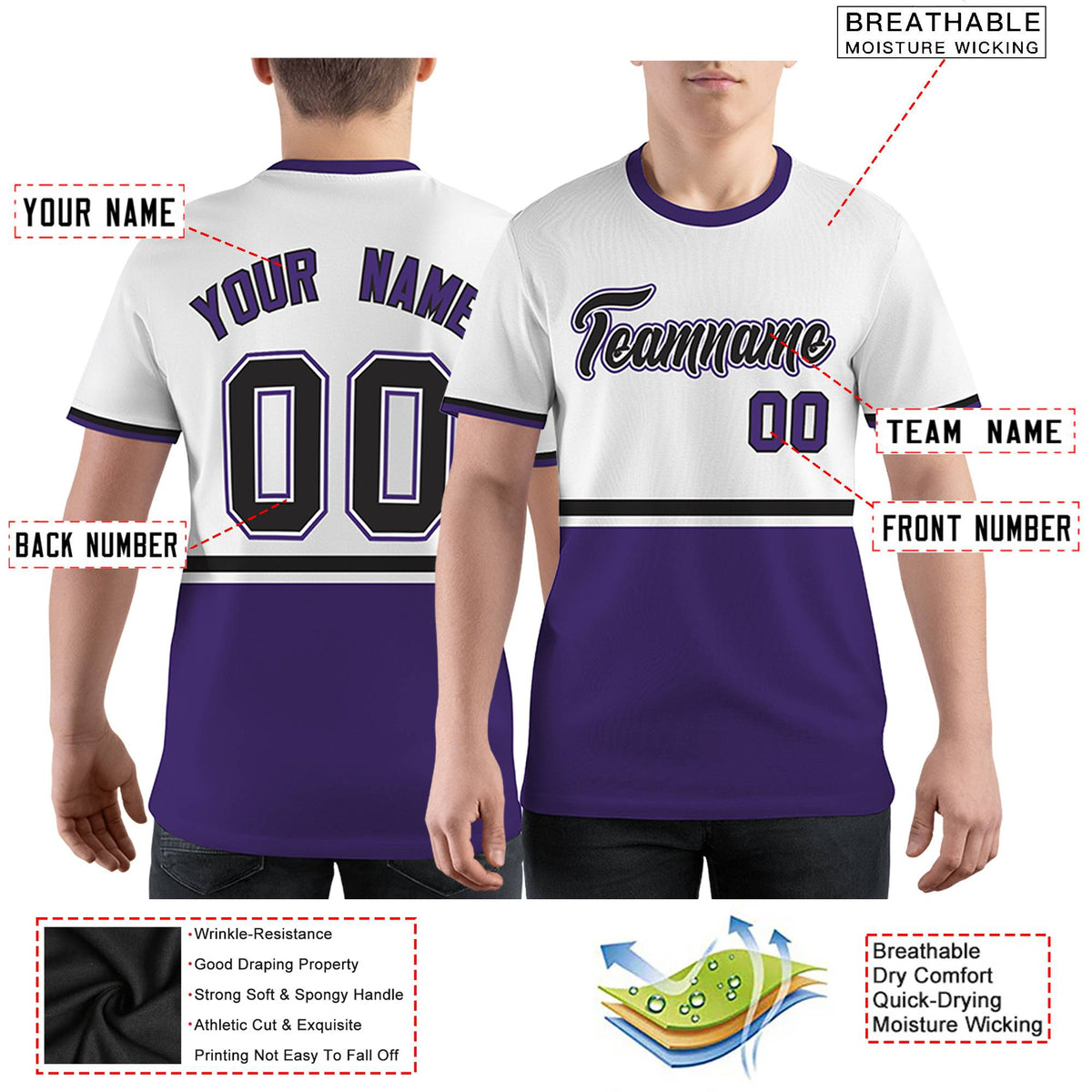Custom White Purple-Black Color Block Design Performance T-Shirt