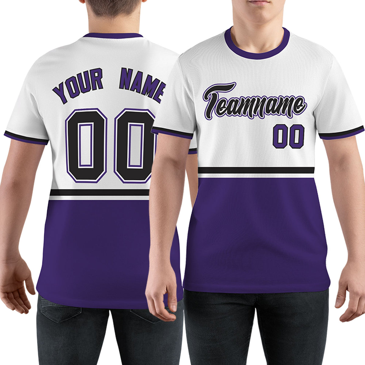Custom White Purple-Black Color Block Design Performance T-Shirt