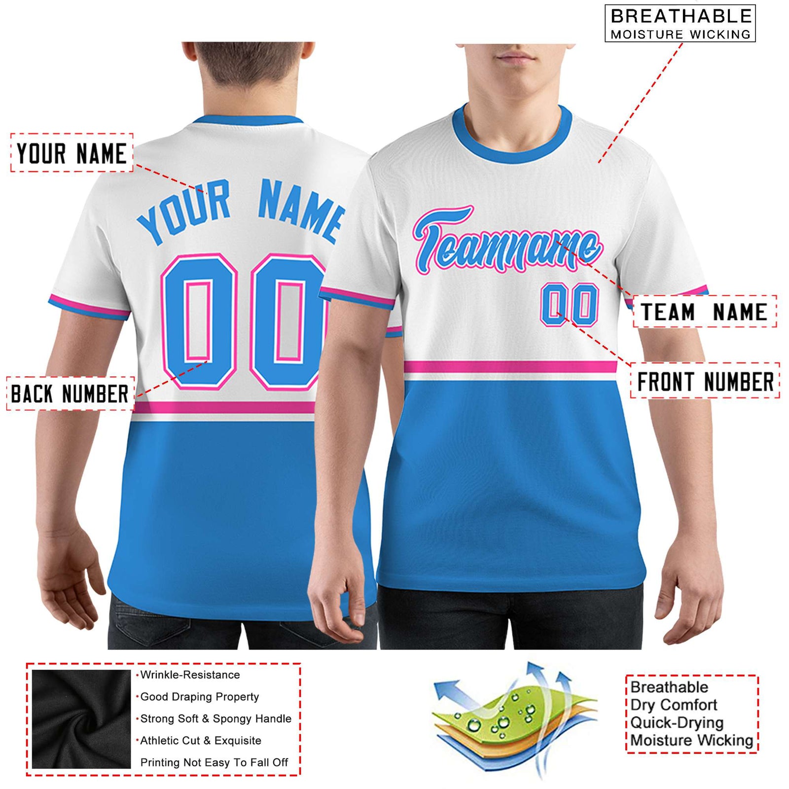 Custom White Powder Blue-Pink Color Block Design Performance T-Shirt