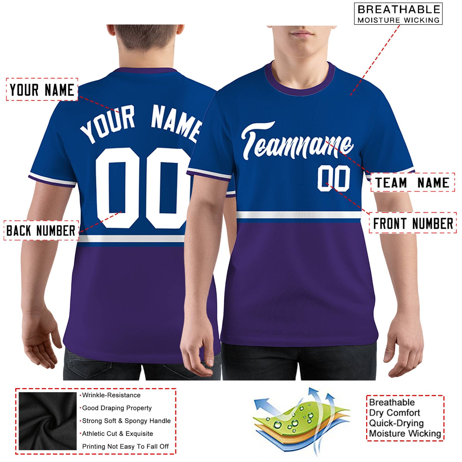 Custom Royal Blue Purple-White Color Block Design Performance T-Shirt