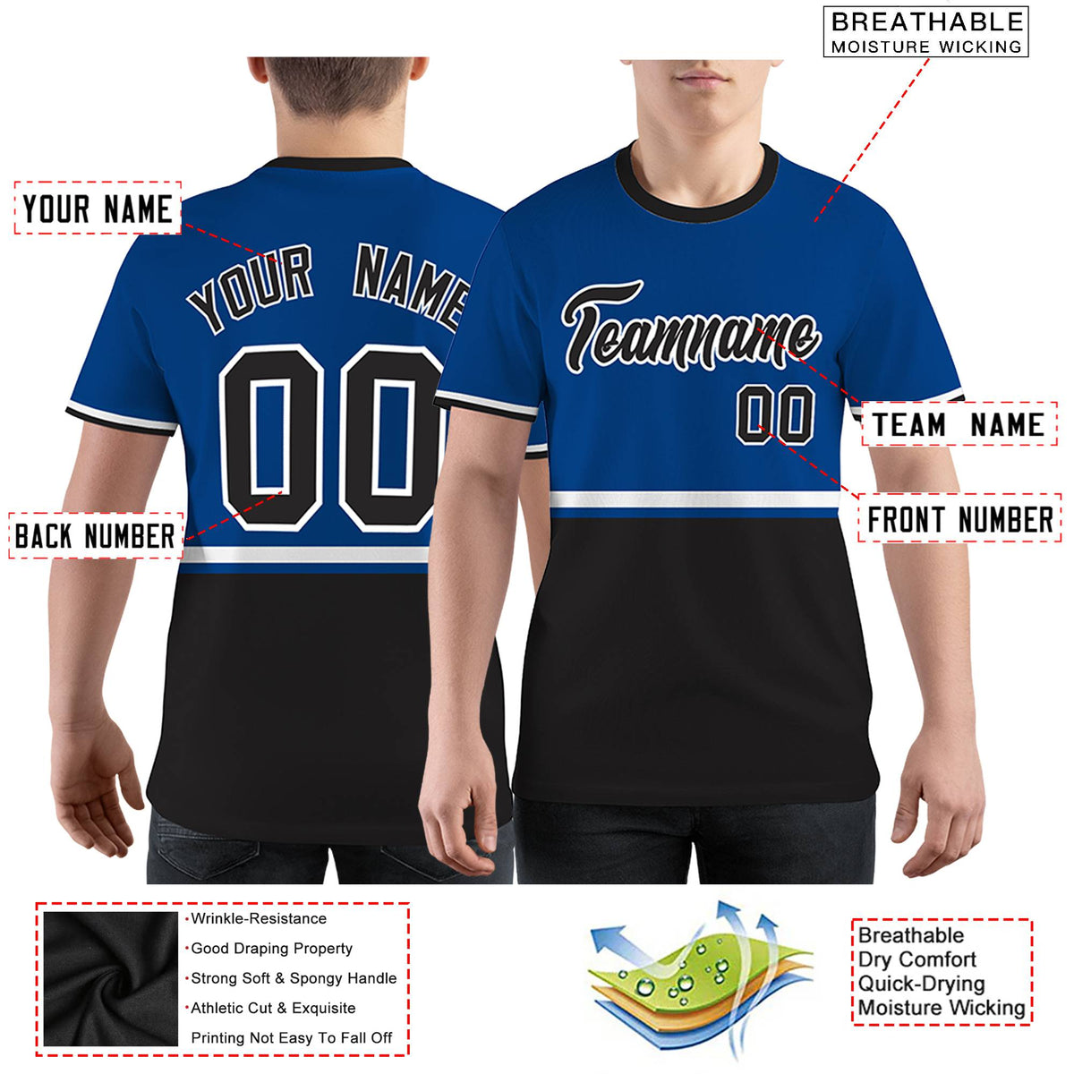 Custom Royal Blue Black-White Color Block Design Performance T-Shirt
