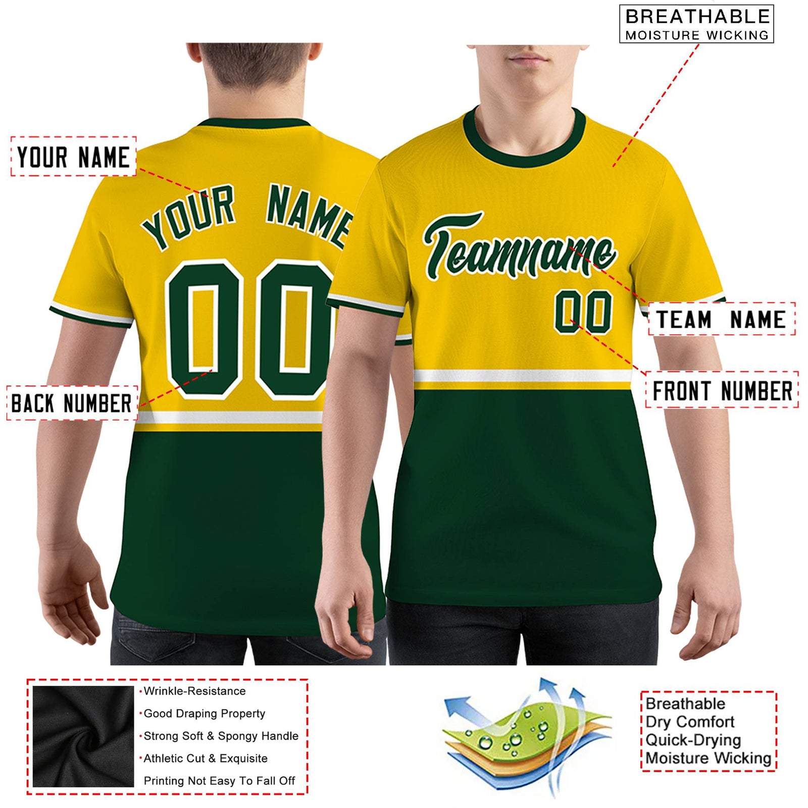 Custom Gold01 Kelly Green-White Color Block Design Performance T-Shirt