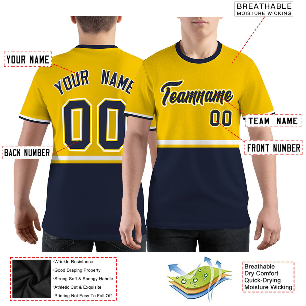 Custom Gold01 Navy-White Color Block Design Performance T-Shirt